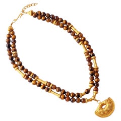 24k Gold Pre-Columbian Inca Tiger's Eye Beaded Necklace By Cano Jewelry, 1970s