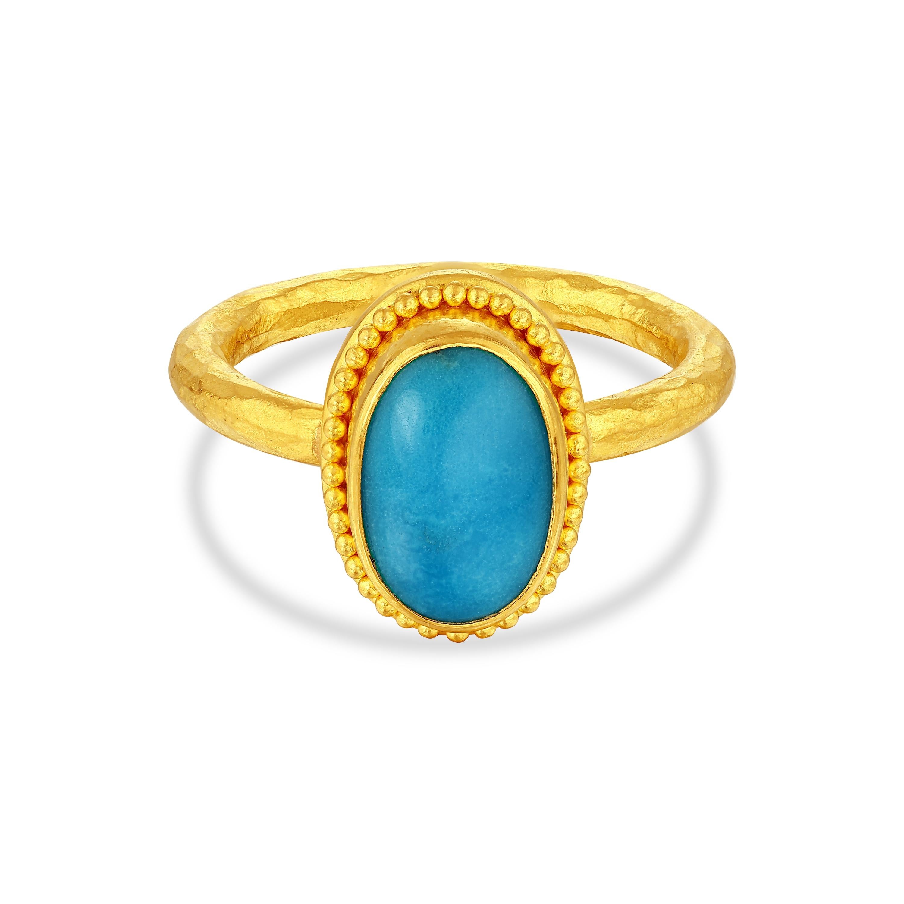 Classical Greek 24k Gold Ring for Woman with Oval Cabochon Cut Turquoise For Sale