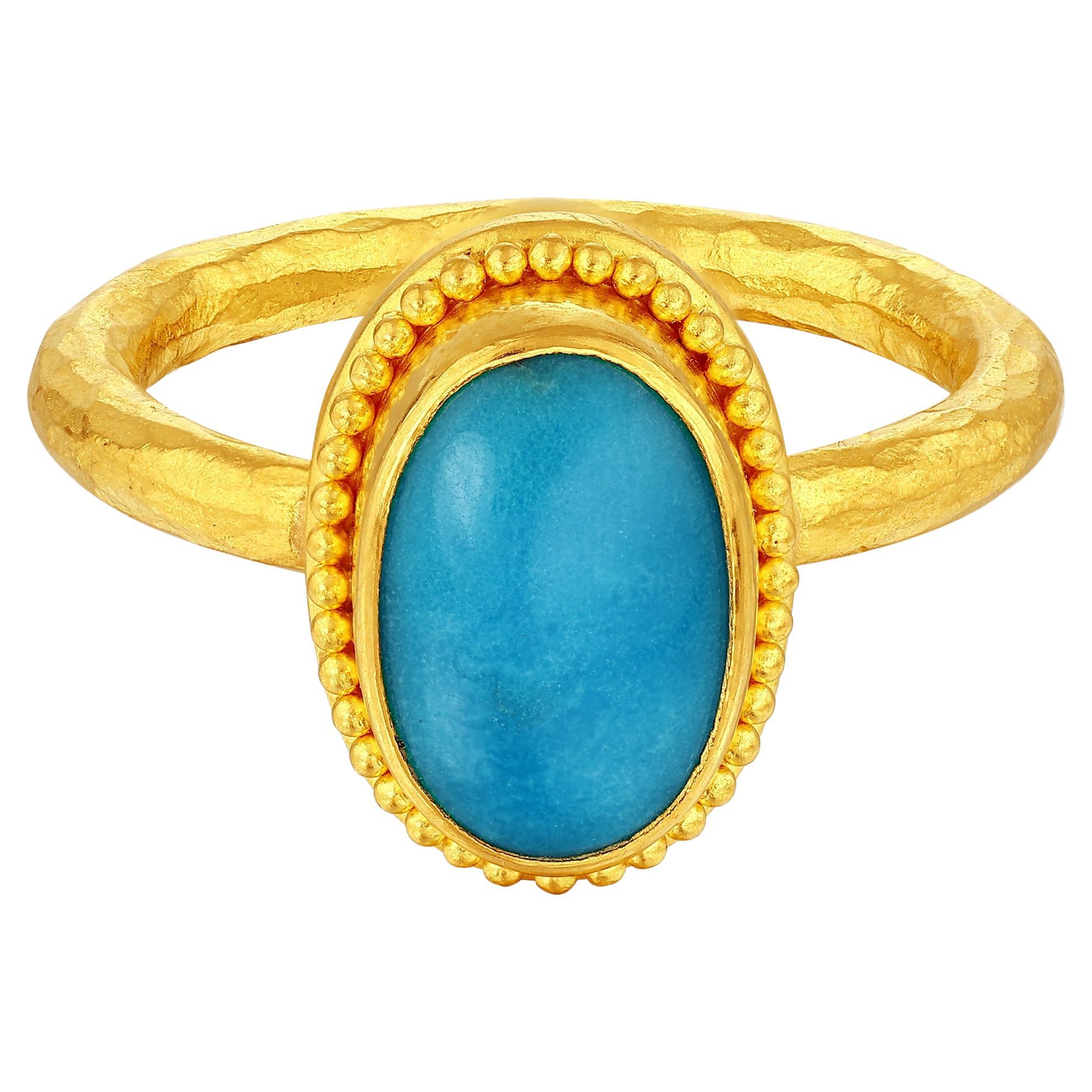 24k Gold Ring for Woman with Oval Cabochon Cut Turquoise