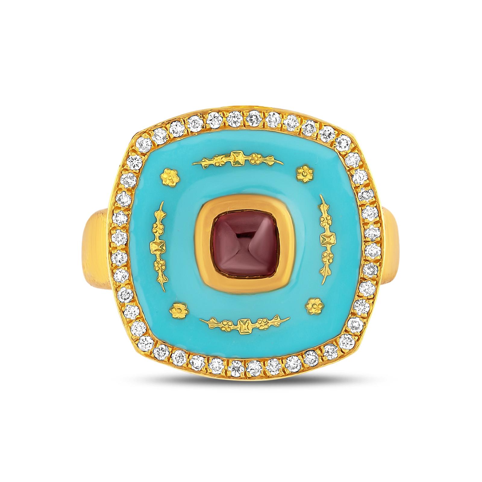 Classical Roman 24k Gold Ring for Women with Blue Enamel and Sugarloaf-cut Ruby and Diamonds For Sale