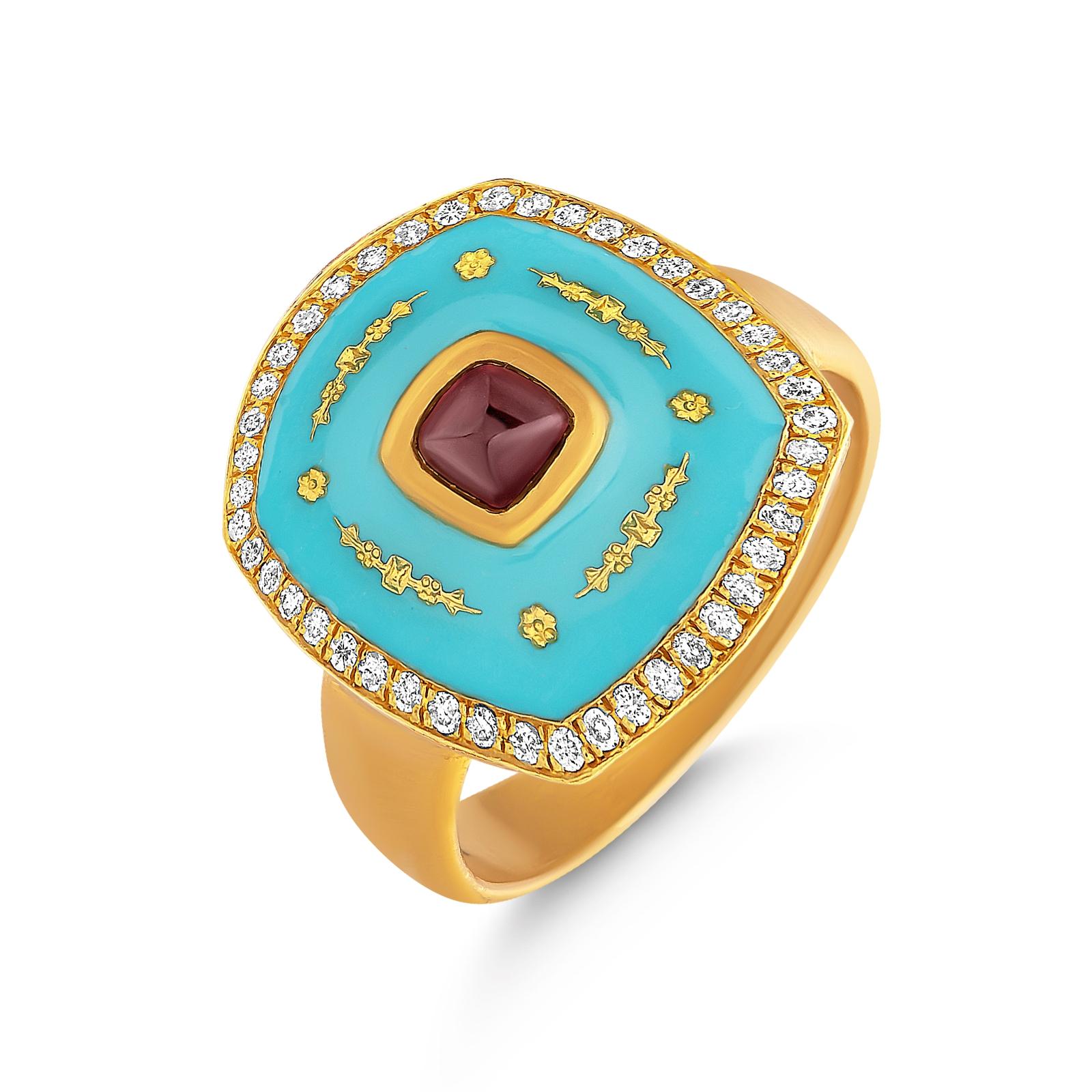 Sugarloaf Cabochon 24k Gold Ring for Women with Blue Enamel and Sugarloaf-cut Ruby and Diamonds For Sale