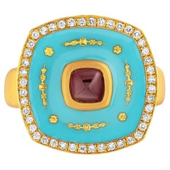24 Karat Goldring für Damen mit blauer Emaille und Rubin im Zuckerhut-Schliff und Diamanten