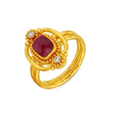 Anillo de oro de 24 quilates para mujer con rubí talla cabujón Sugarloaf y diamantes