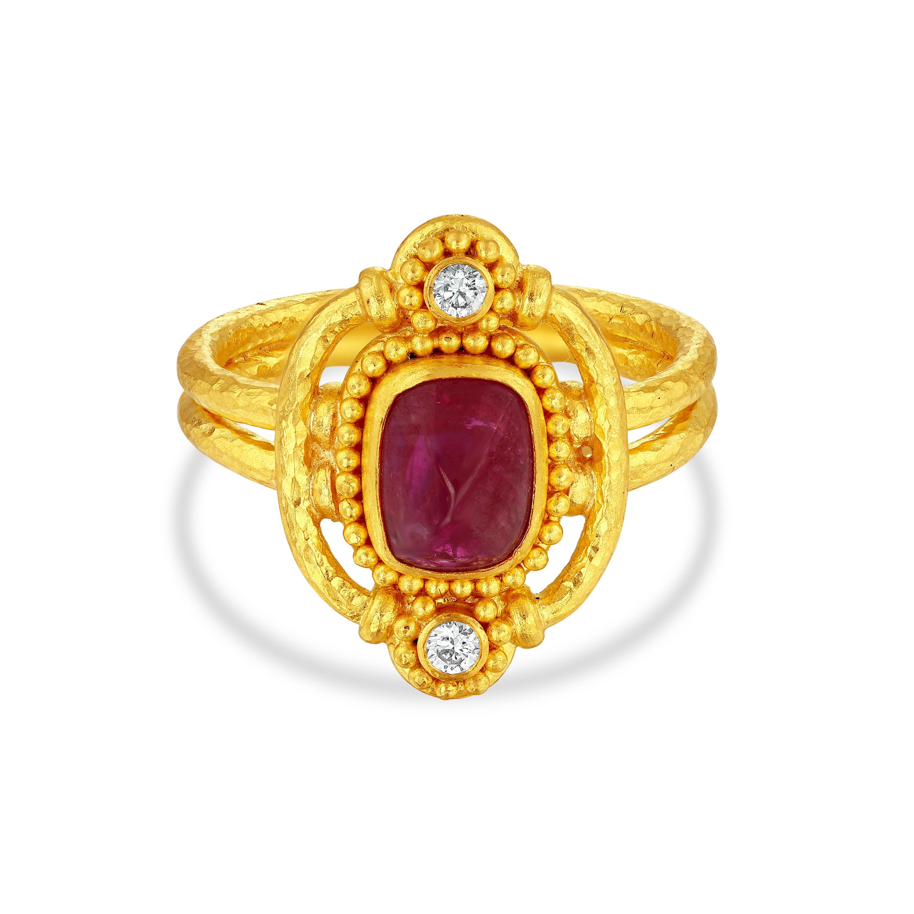 Anillo de oro de 24 quilates para mujer con rubí talla cabujón Sugarloaf y diamantes Cabujón de pan de azúcar en venta