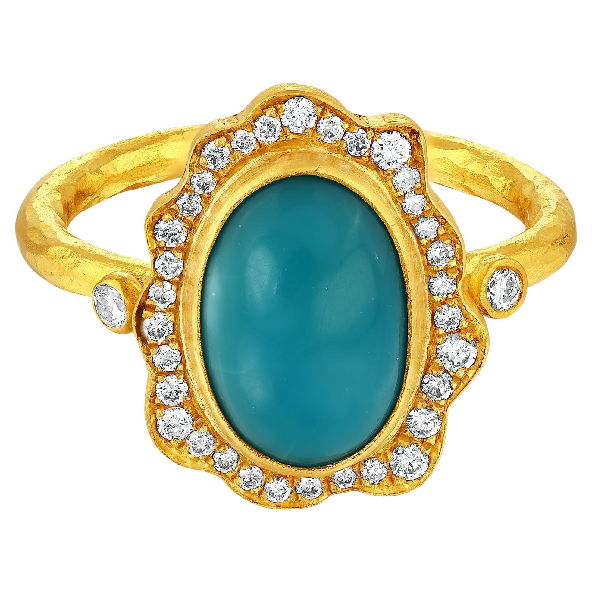 24k Gold Ring for Woman with Cabochon Cut Turquoise and Diamonds
