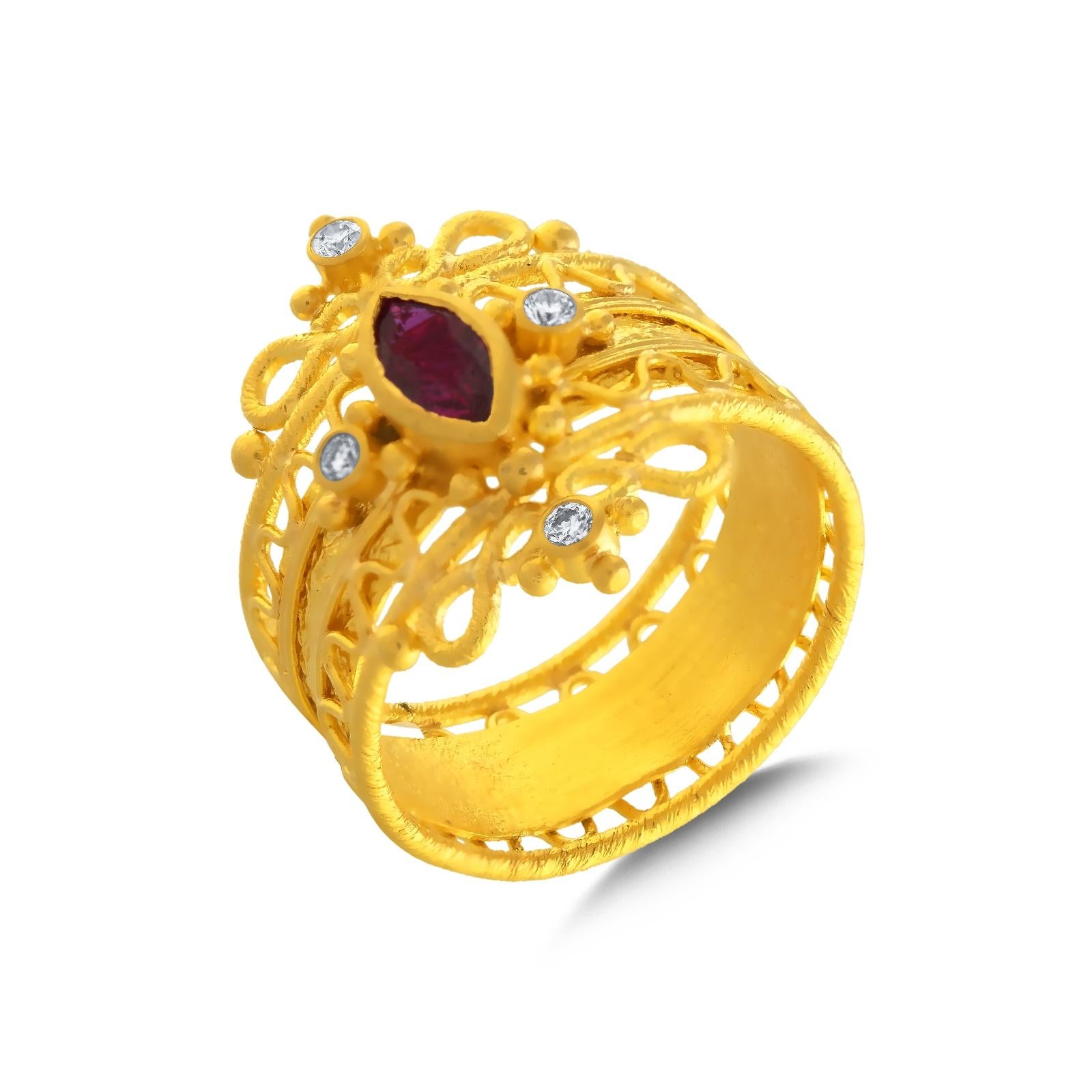 Anillo de Oro de 24K para Mujer con Rubí y Diamantes Romano clásico en venta