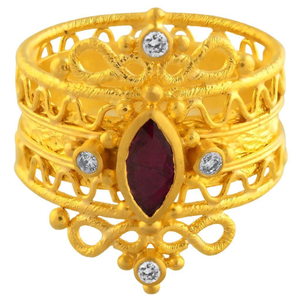 Anillo de Oro de 24K para Mujer con Rubí y Diamantes en venta