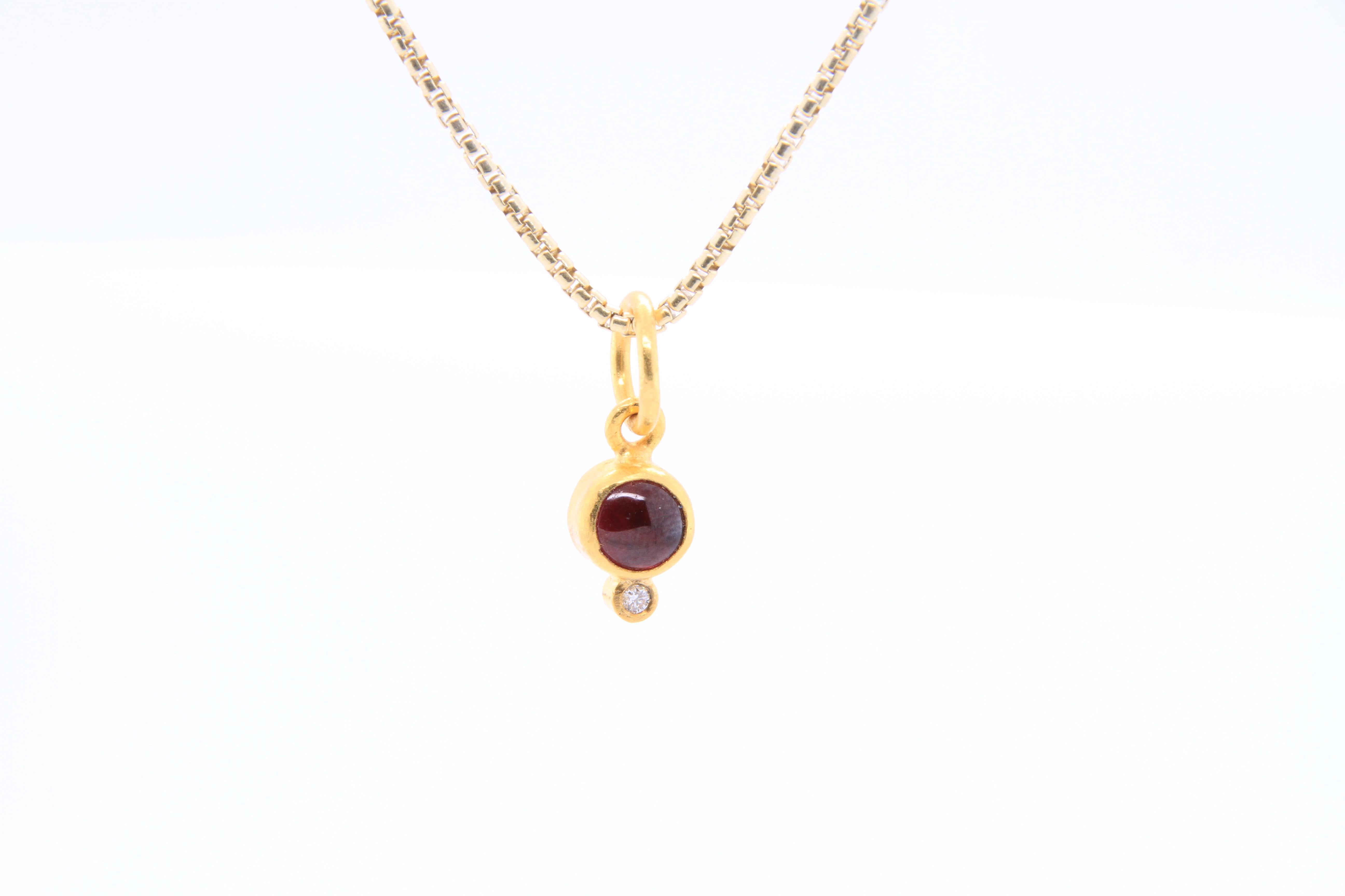 Women's or Men's 24K Gold Round Smooth Red Garnet & Diamond Pendant Necklace, January Birthstone