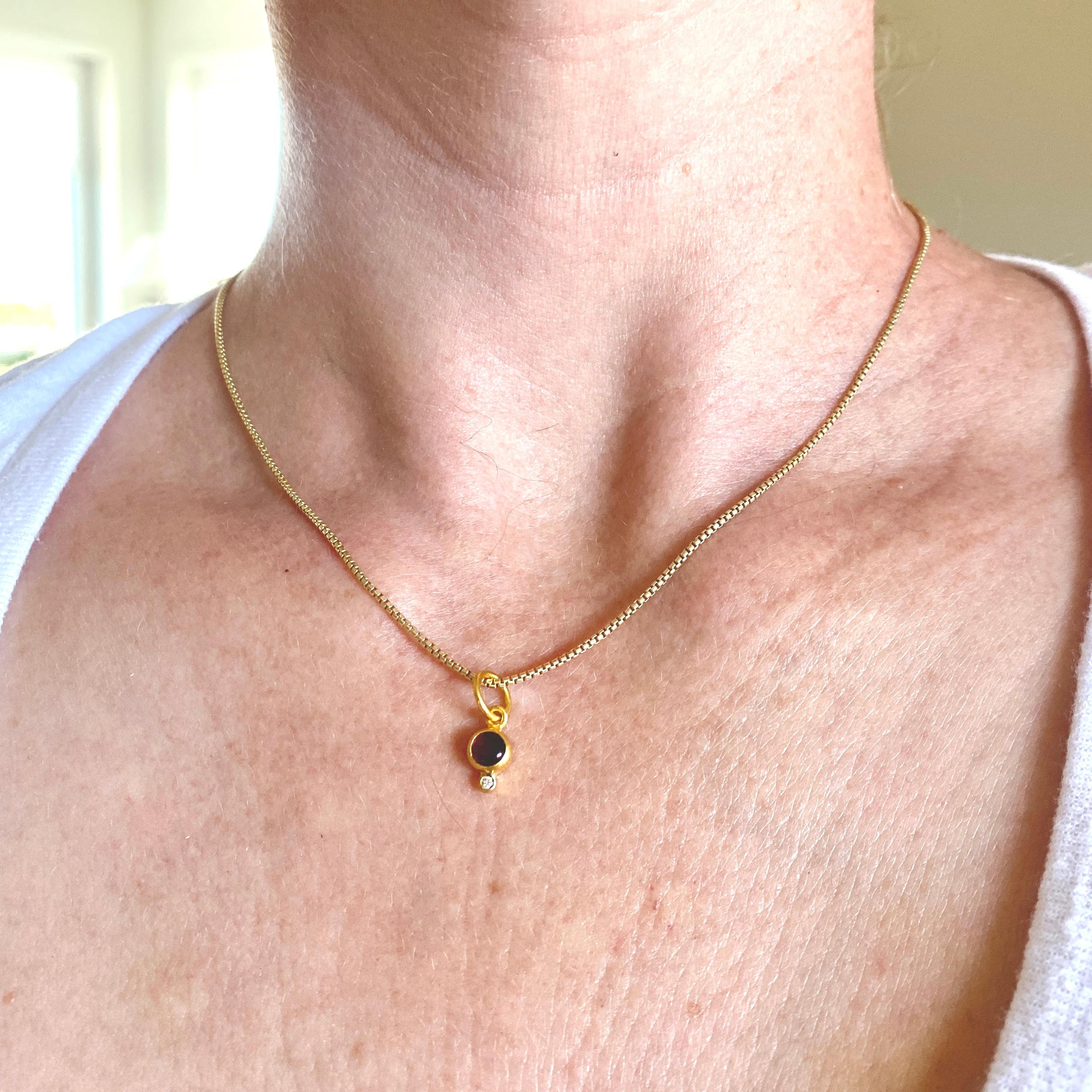 Classical Greek 24K Gold Round Smooth Red Garnet & Diamond Pendant Necklace, January Birthstone