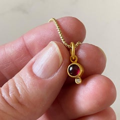 24K Gold Round Smooth Red Garnet & Diamond Pendant Necklace, January Birthstone