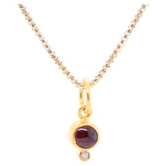 24K Gold Round Smooth Red Garnet & Diamond Pendant Necklace, January Birthstone