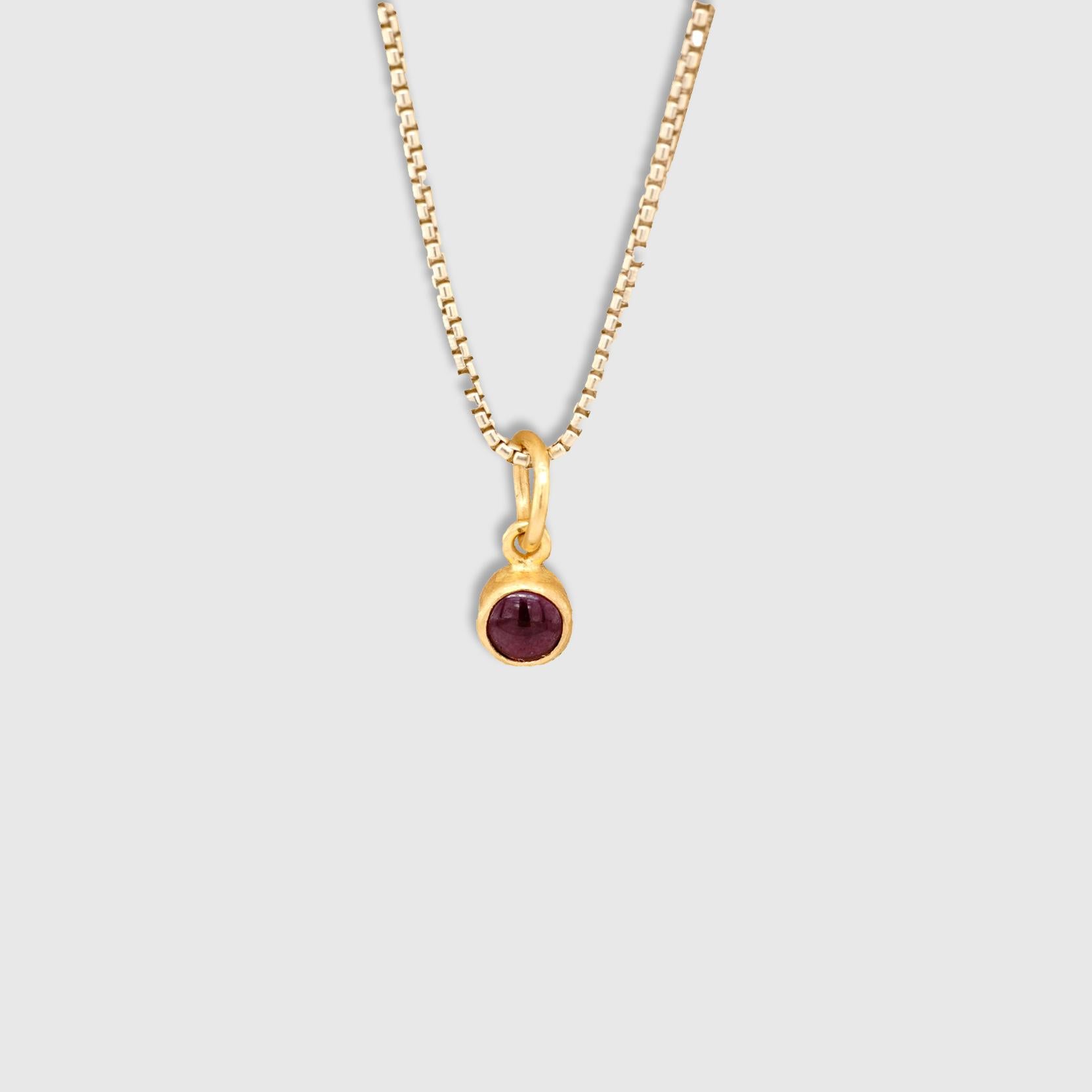 Women's or Men's 24K Gold Round Smooth Red Garnet Miniature Pendant Necklace, January Birthstone For Sale