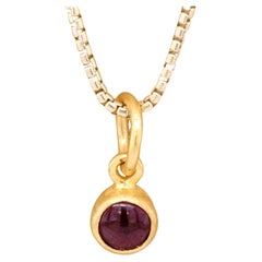 24K Gold Round Smooth Red Garnet Miniature Pendant Necklace, January Birthstone
