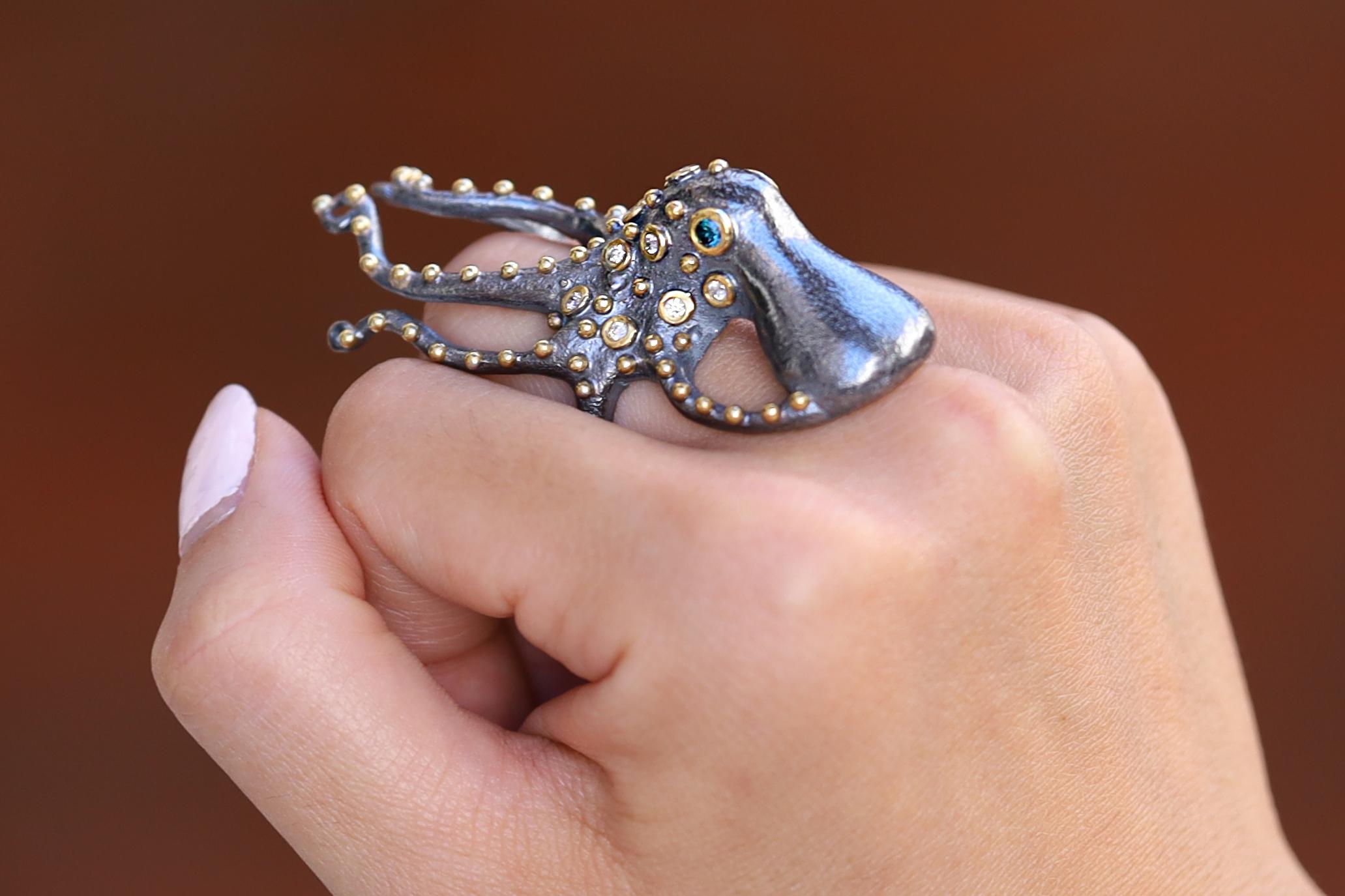 Octopus-Cocktailring, 24 Karat Gold & Silber und Diamanten (Moderne)
