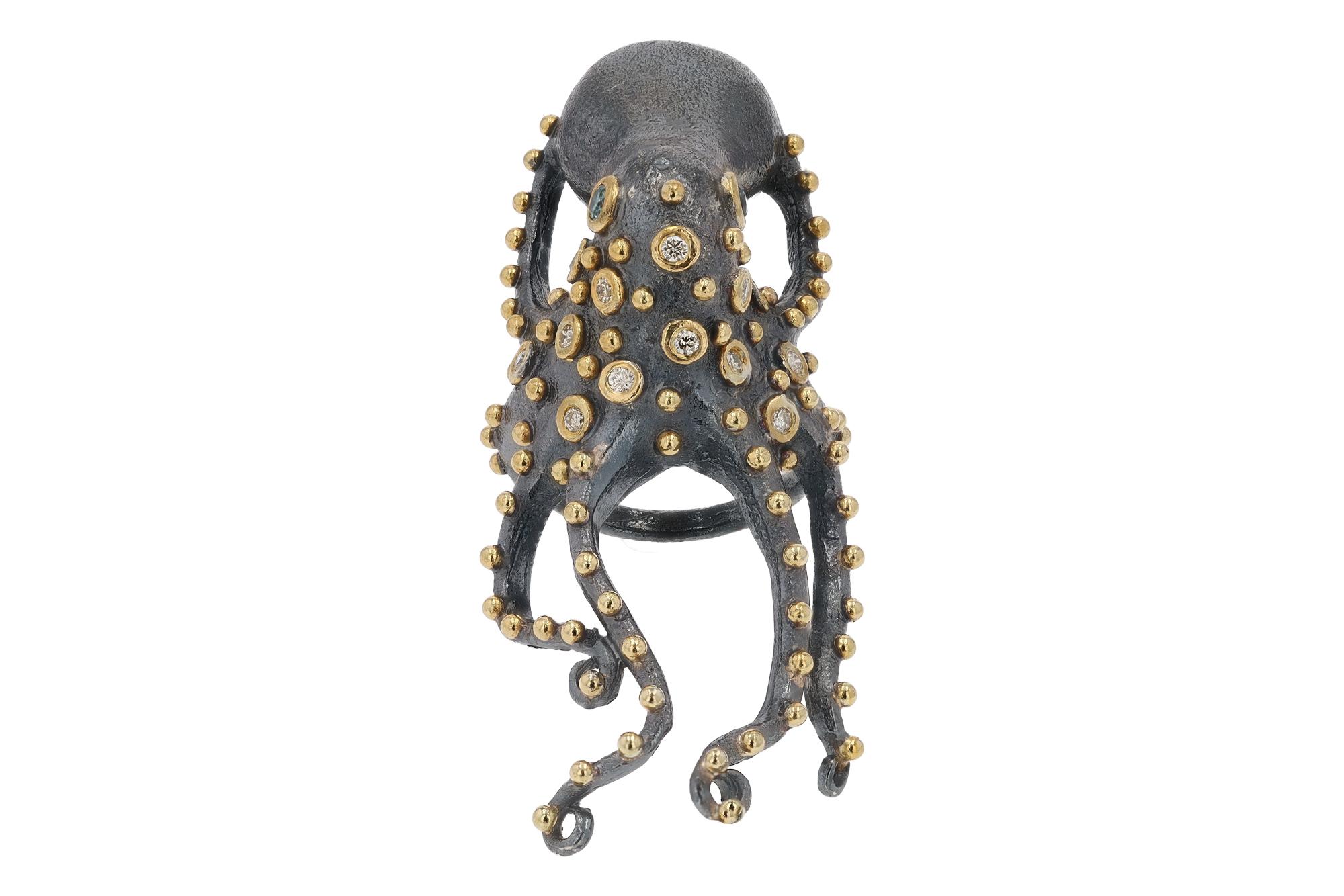Round Cut 24k Gold & Silver and Diamonds Octopus Cocktail Ring For Sale