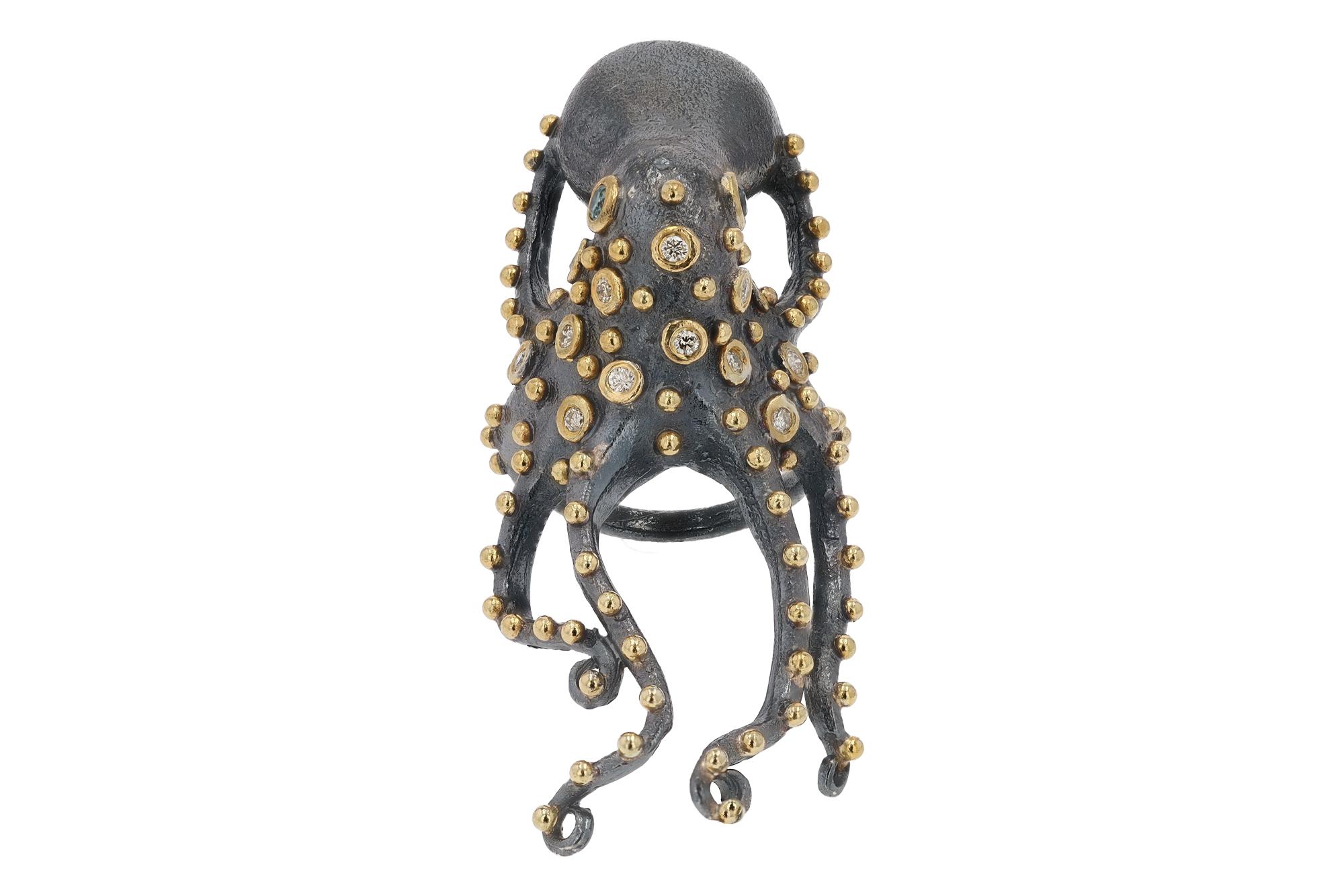 Round Cut 24k Gold & Silver and Diamonds Octopus Cocktail Ring