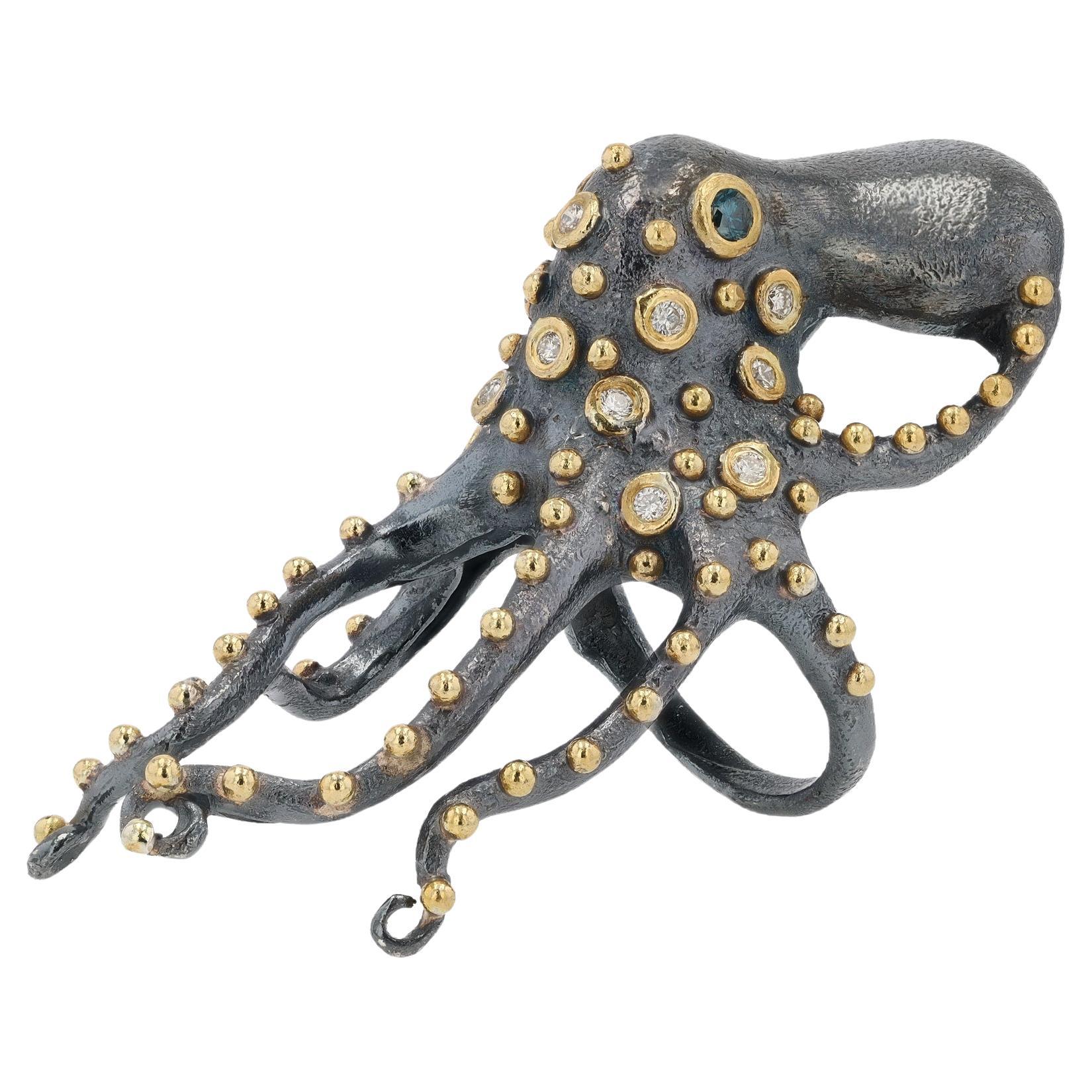 24k Gold & Silver and Diamonds Octopus Cocktail Ring For Sale