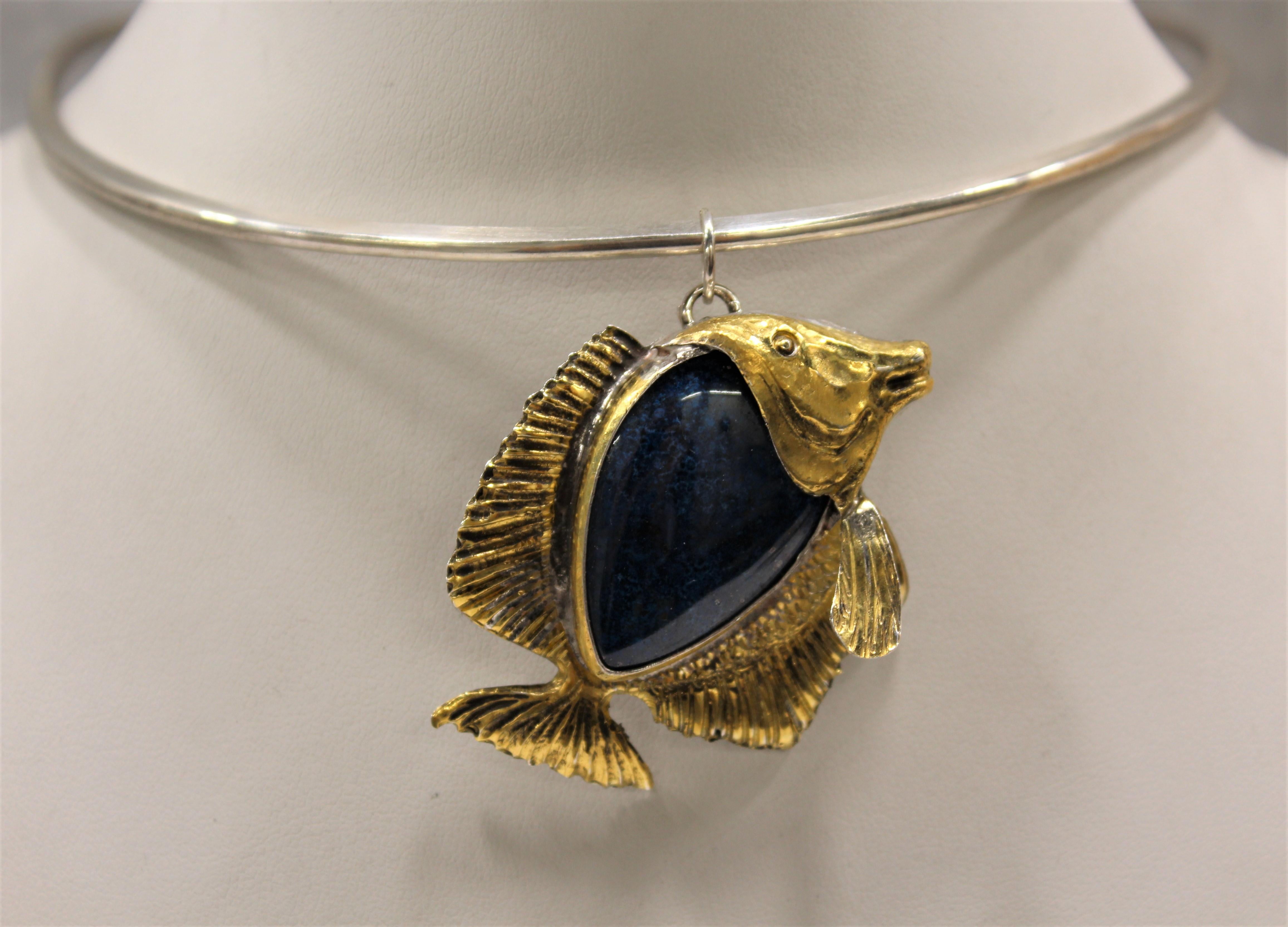 Fishy Pendant, 24 Karat Gold, Solid Silver, Handcrafted, Italy For Sale 2