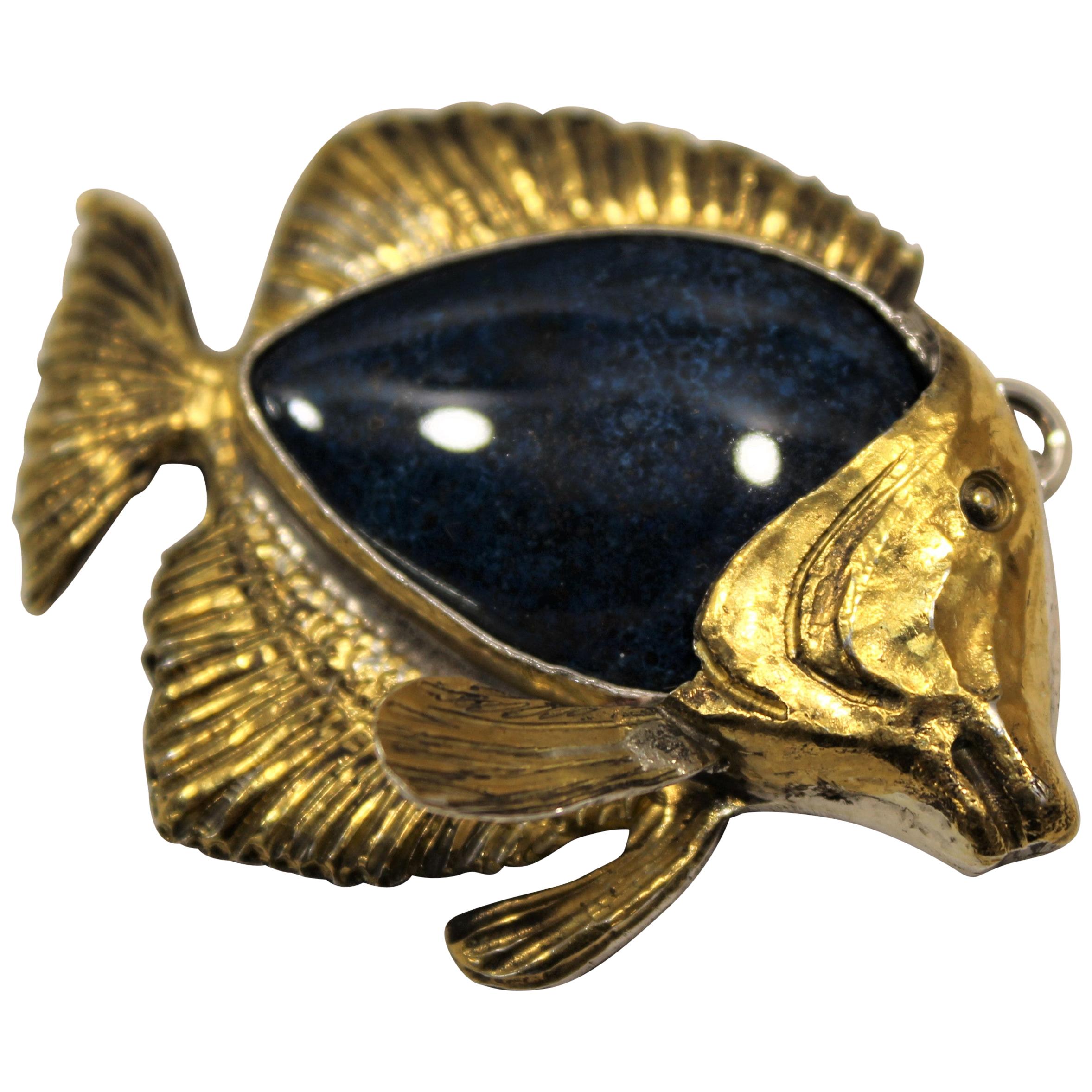 Fischförmiger Anhänger, 24 Karat Gold, massives Silber, handgefertigt, Italien im Angebot