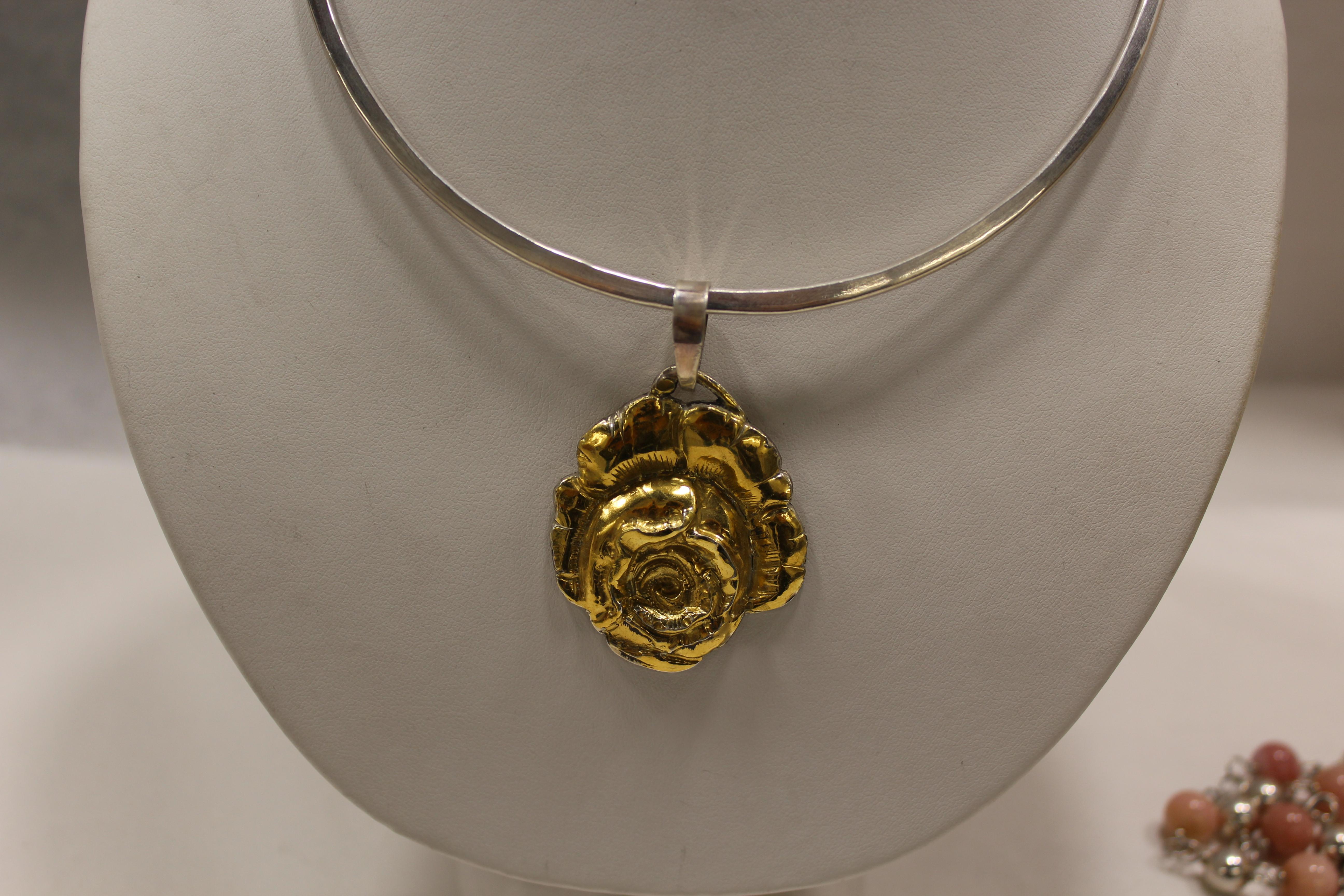 Artist 24 Karat Gold, Solid Silver, Pendant, Rose, Handcrafted, Italy For Sale