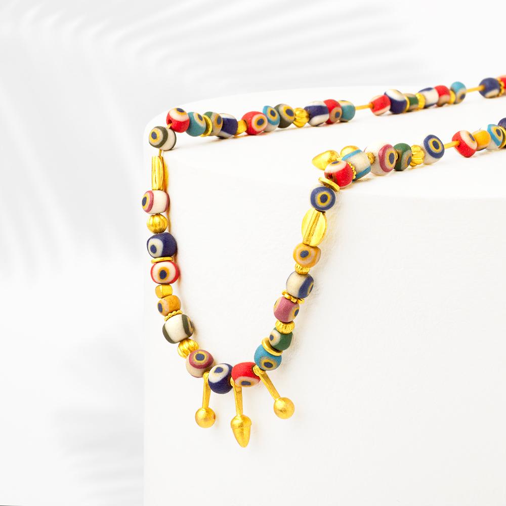 24K Gold Trojan Inspired Evil Eye Beaded Necklace
The Gold accents on the necklace are inspired by Ancient Trojan Era
The Eyes are produced from the base material of porcelain, colors are not painted, all colors are inlaid handmade eyes. 73 pieces