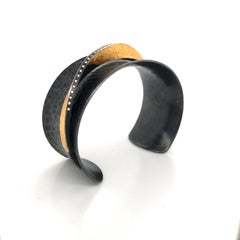 24 Karat Hammered Fusion Gold, Oxidized Sterling Silver and Diamond Open Cuff