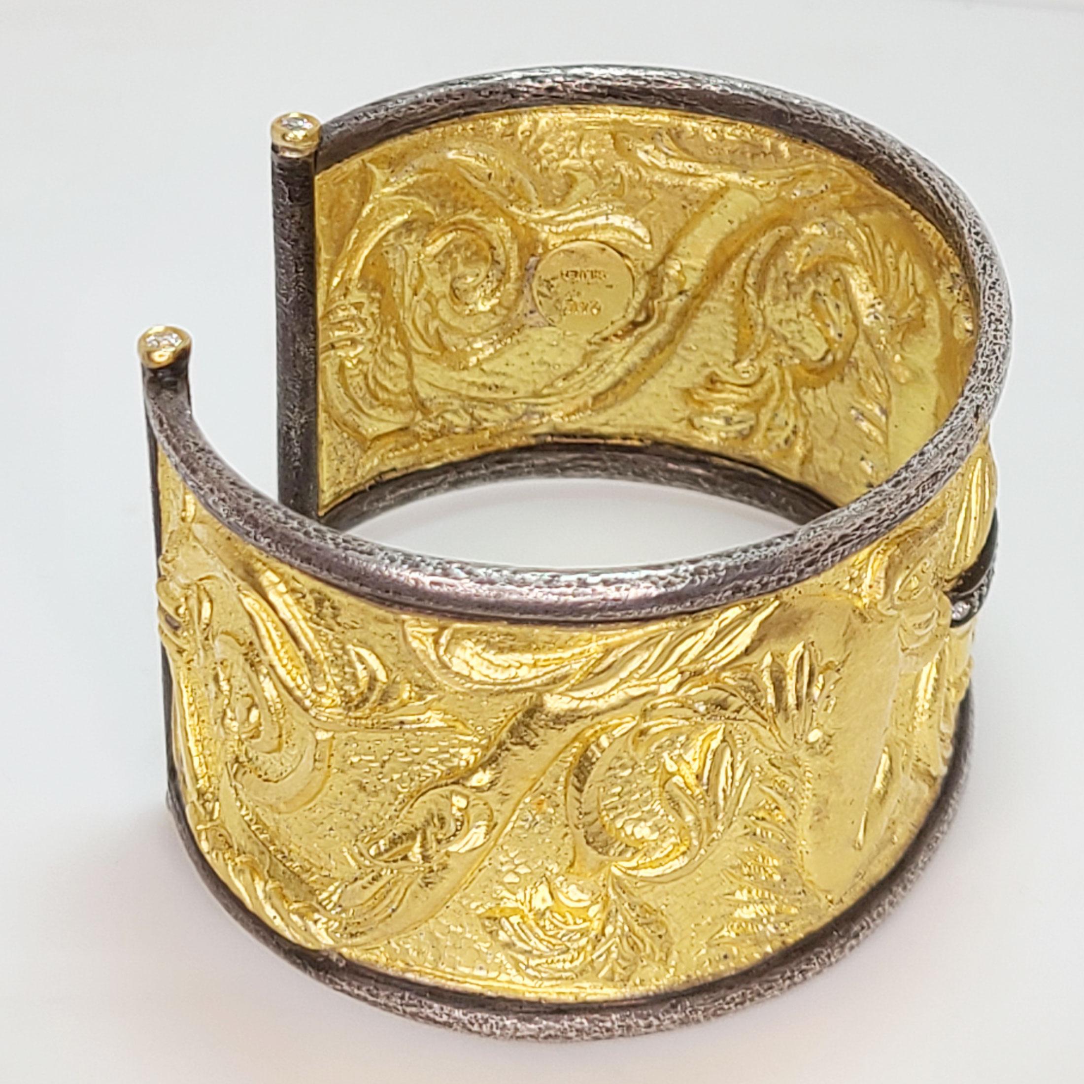 Classical Greek 24k Hand Inlayed Diamond Cuff Bracelet For Sale