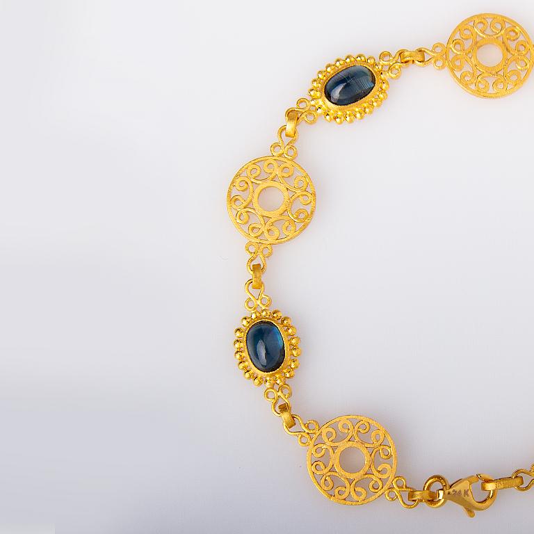 Complately handcrafted by Serhat Design's experienced craftsmen.  24 K Oval Cabochon Sapphire Byzantine Style, Chic and Elegant Rosette Bracelet. 