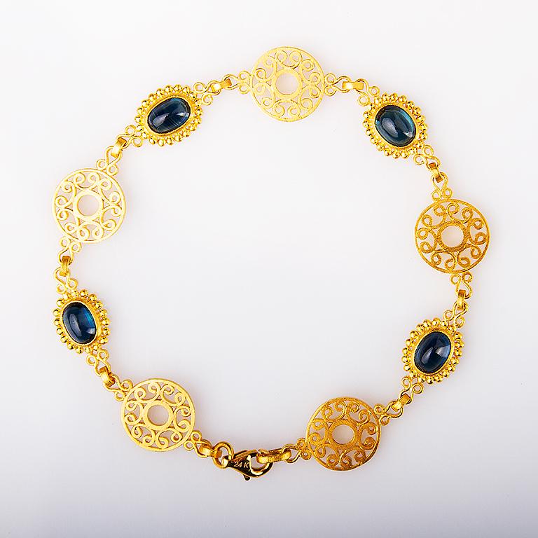 Oval Cut 24K Handcrafted Oval Cabochon Sapphire Byzantine Style Rosette Bracelet For Sale