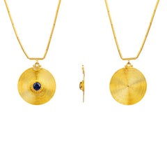 24K Lentil Tube Chain with Wire Wrapped Pendant Adorned with Ceylon Sapphire