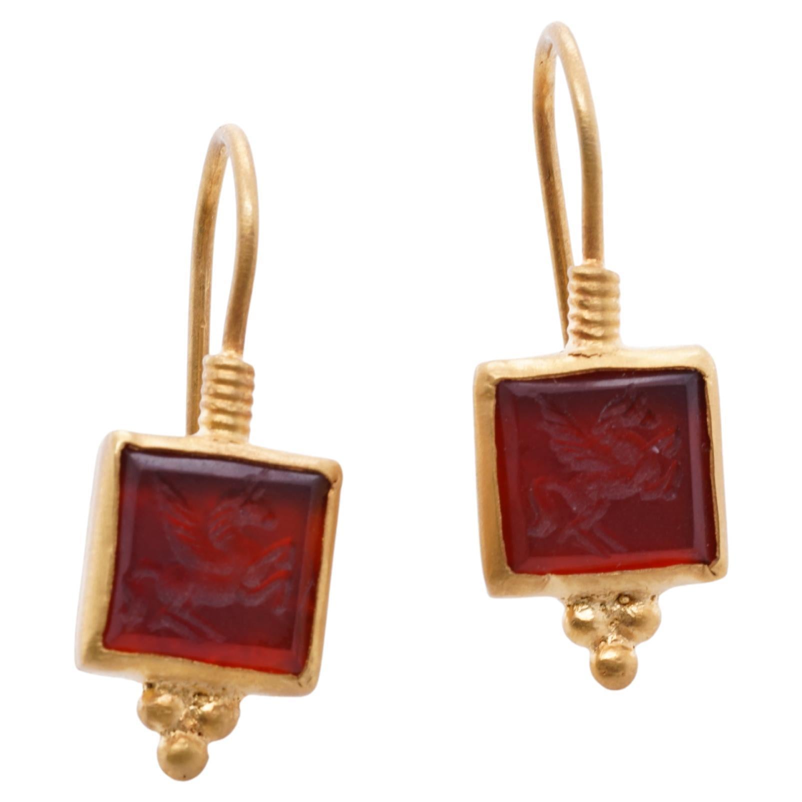 24K on Sterling Silver, Red Agate Pegasus Carved Earrings by Kurtulan Jewellery