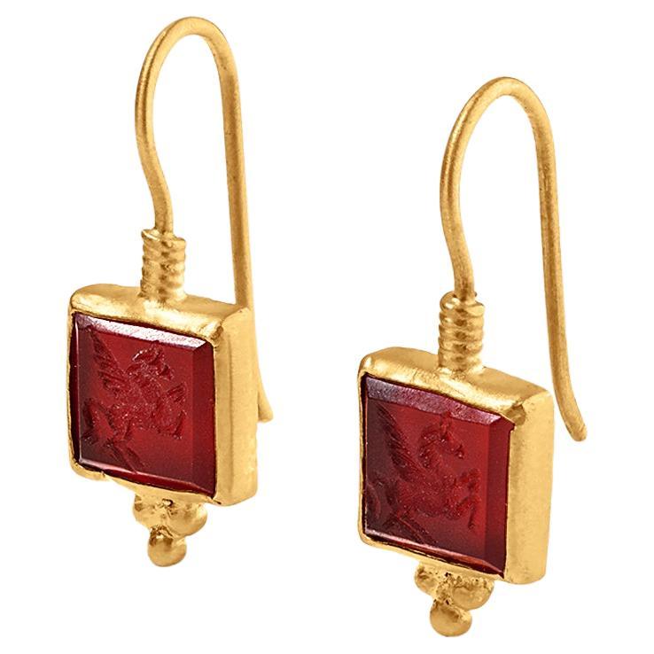 24K on Sterling Silver, Red Agate Pegasus Carved Earrings by Kurtulan Jewellery For Sale