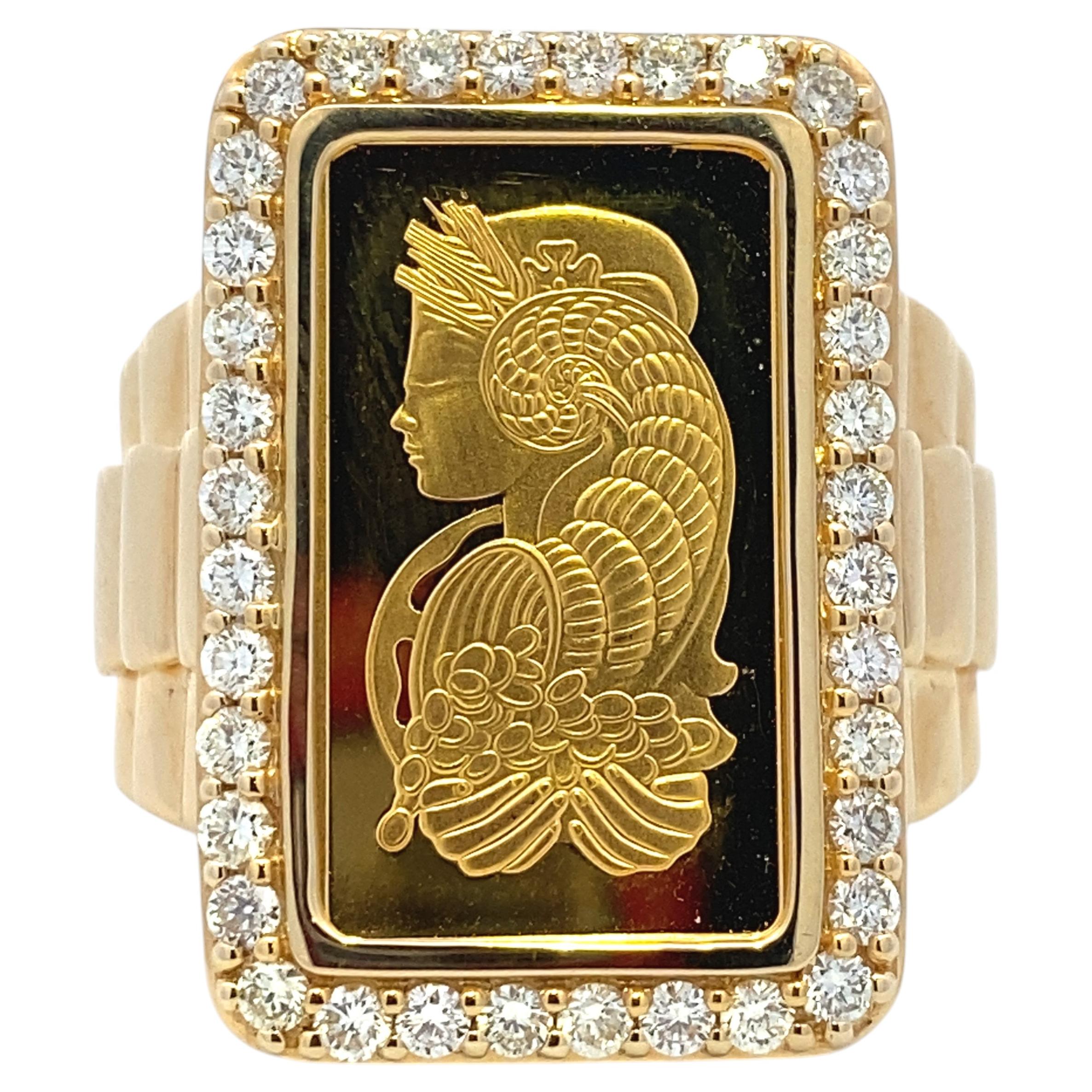 24k Pamp Lady Fortuna Men's Gold Ingot Ring with Diamonds