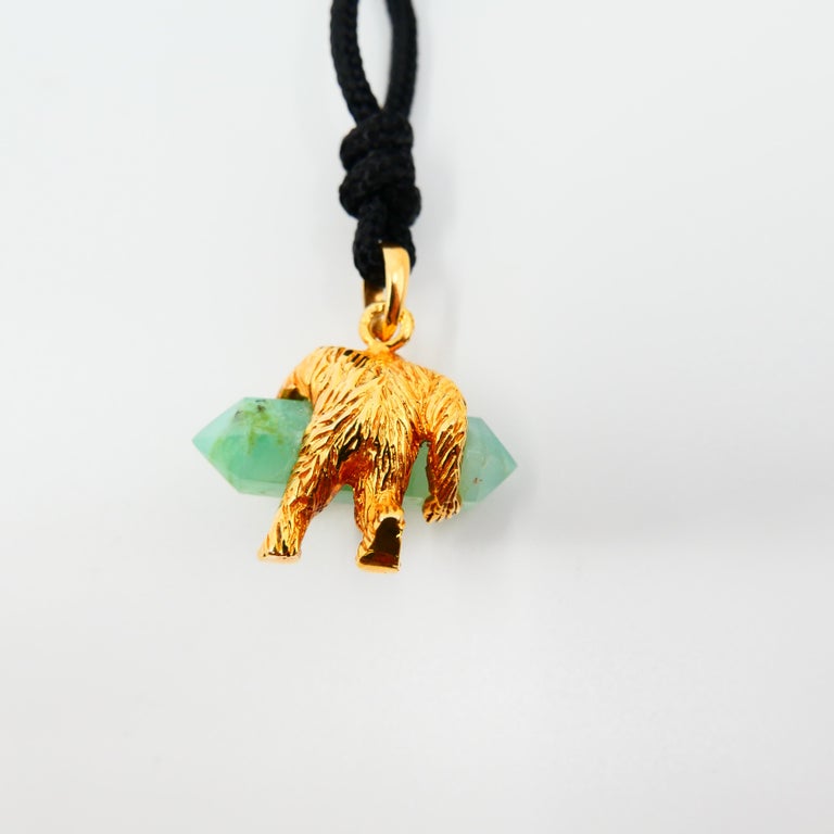 Rough Cut 24 Karat Pure Gold and Green Crystal Gorilla Pendant Necklace, 9999 Yellow Gold For Sale