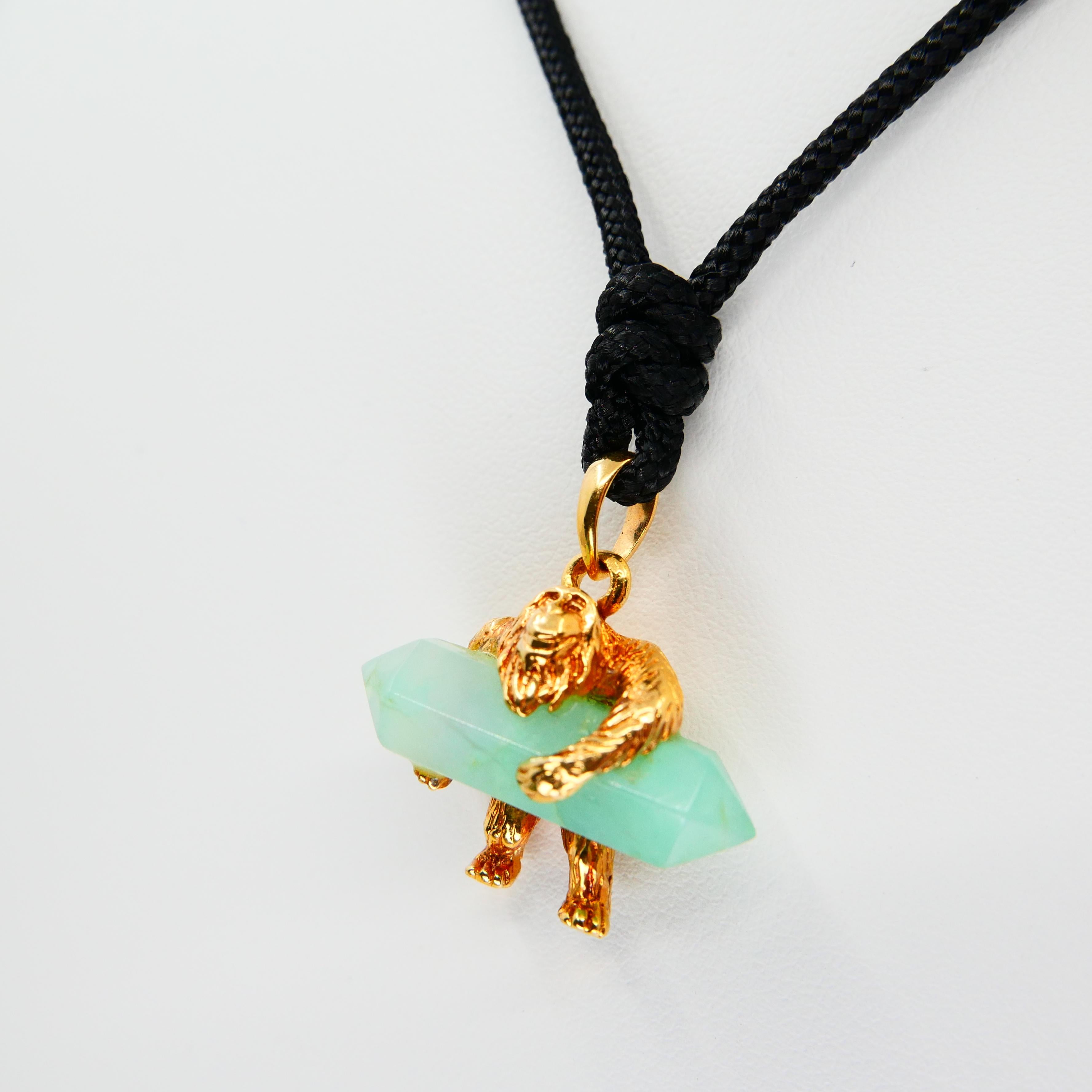 Contemporary 24K Pure Gold & Green Crystal Gorilla Pendant Necklace. Exquisitely Hand Carved. For Sale