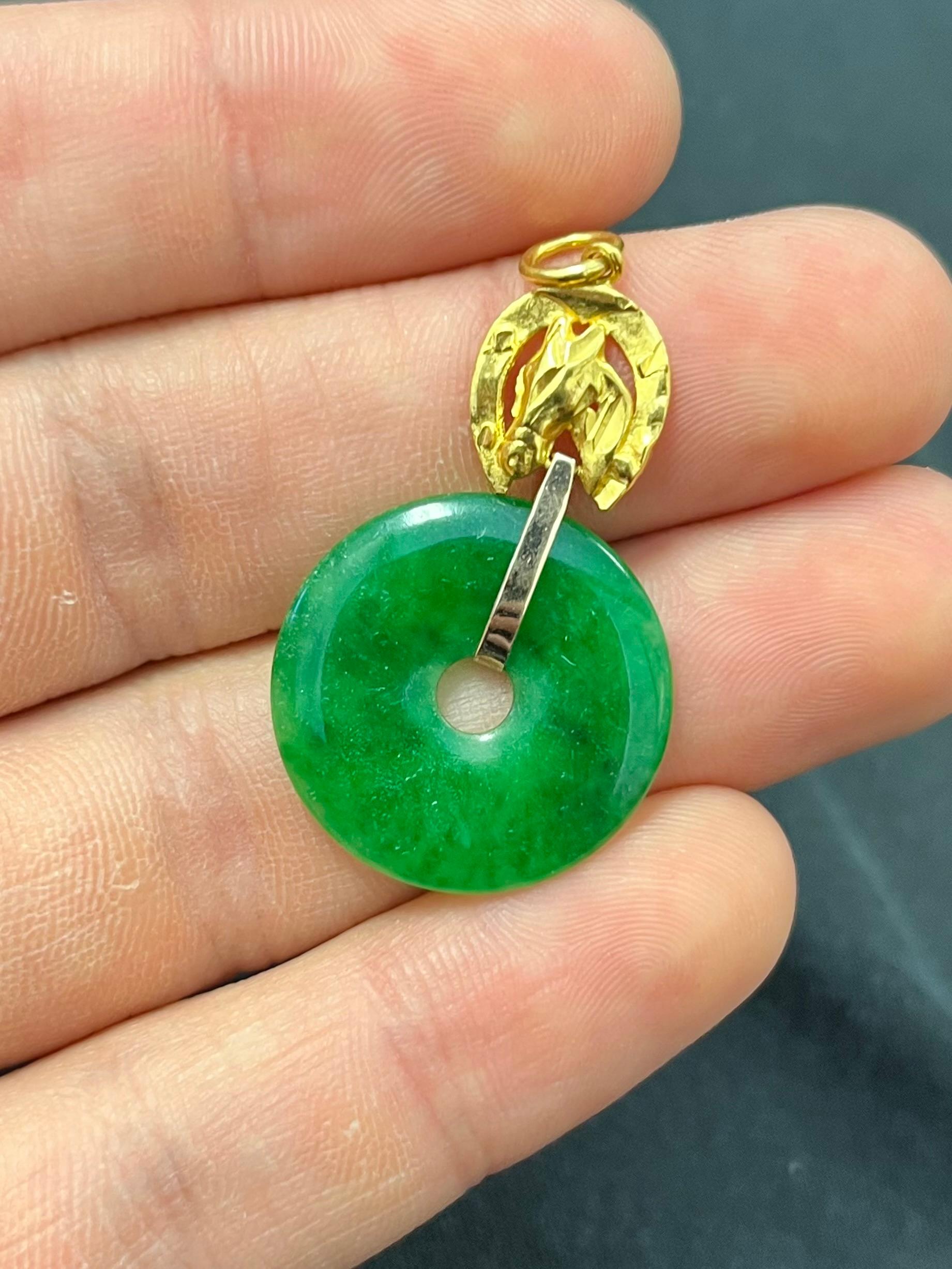Cabochon 24k Pure Gold Horse Top and Circle Jadeite Jade Pendant For Sale