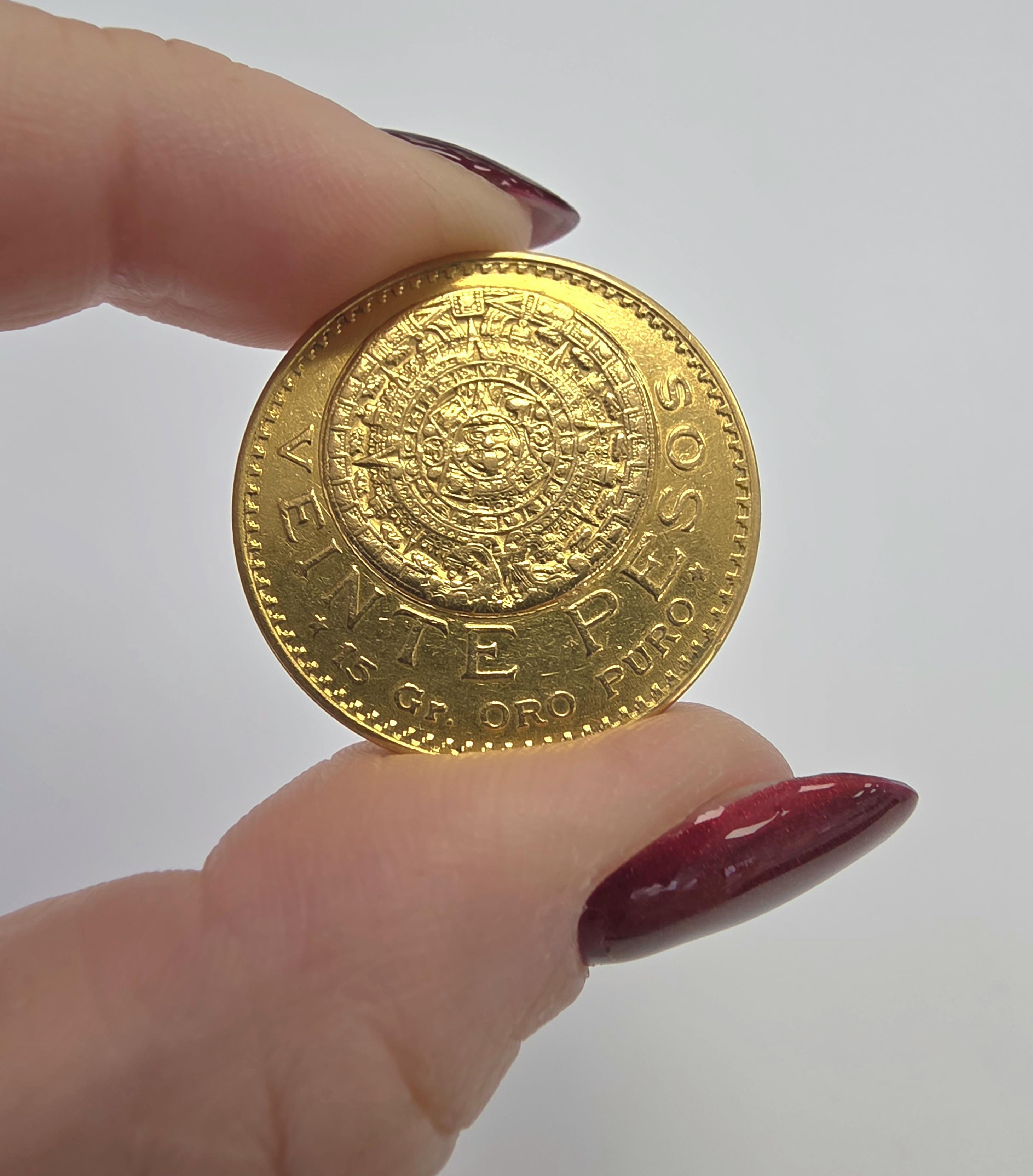 Moneta d'oro puro 24K Messico 1919 20 Pesos Calendario Azteco in vendita 2