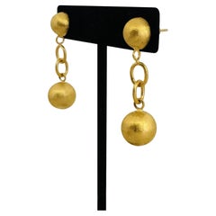 24k Pure Yellow Gold 12.9g Satin Finish Ball Link Drop Dangle Earrings 1.6"