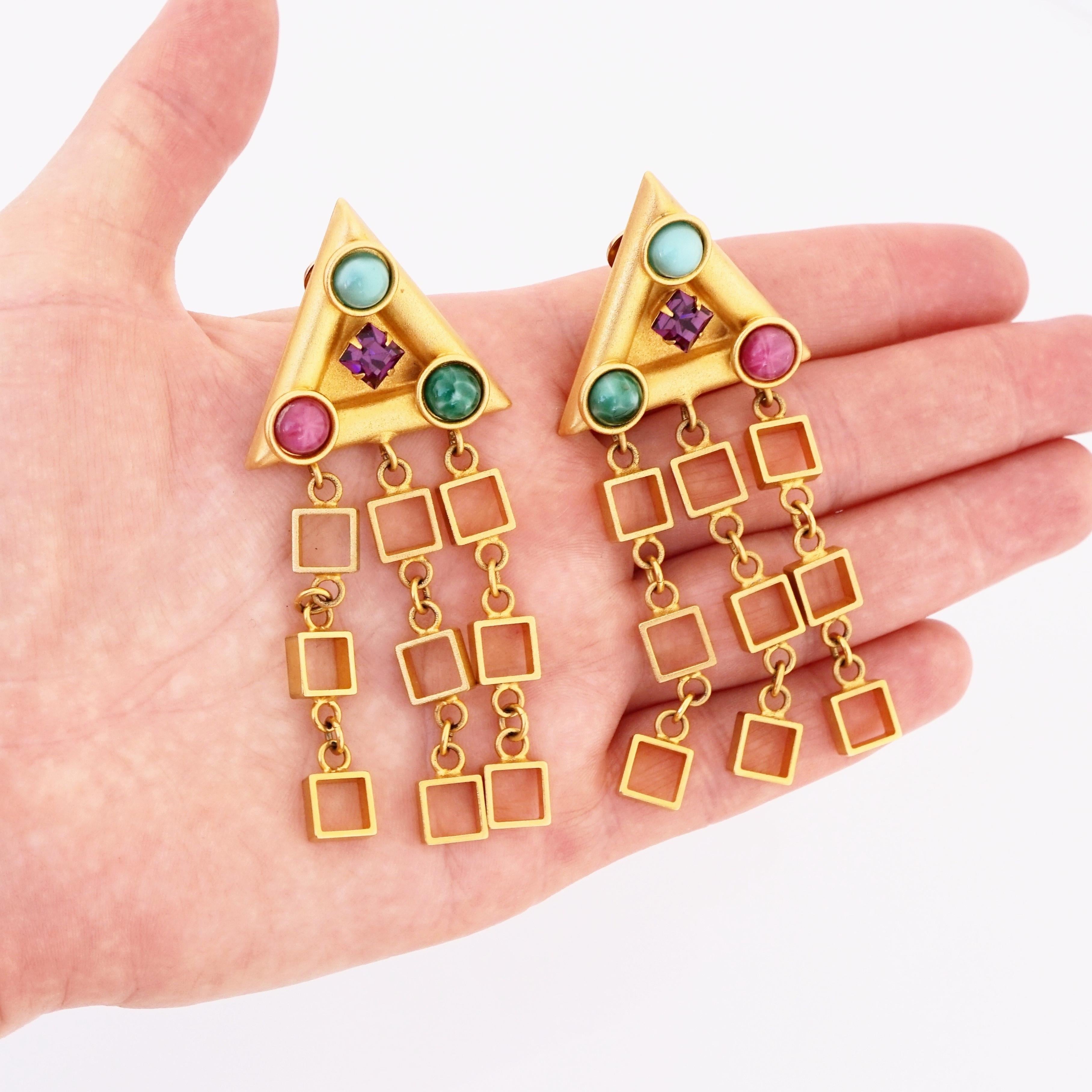 Modern 24k Satin Gold Geometric Gemstone Dangle Earrings By Natasha Stambouli, 1980s