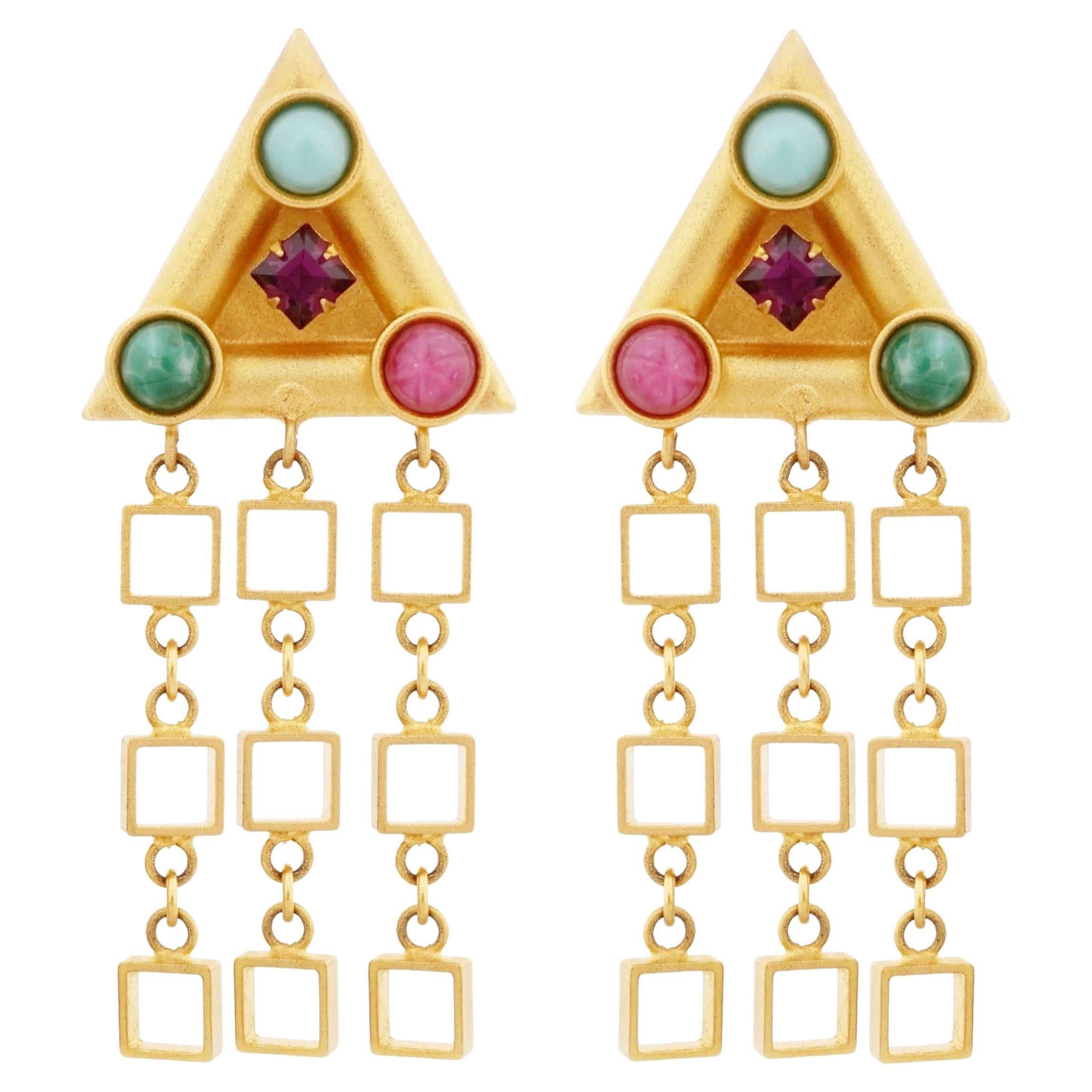 24k Satin Gold Geometric Gemstone Dangle Earrings By Natasha Stambouli, 1980s