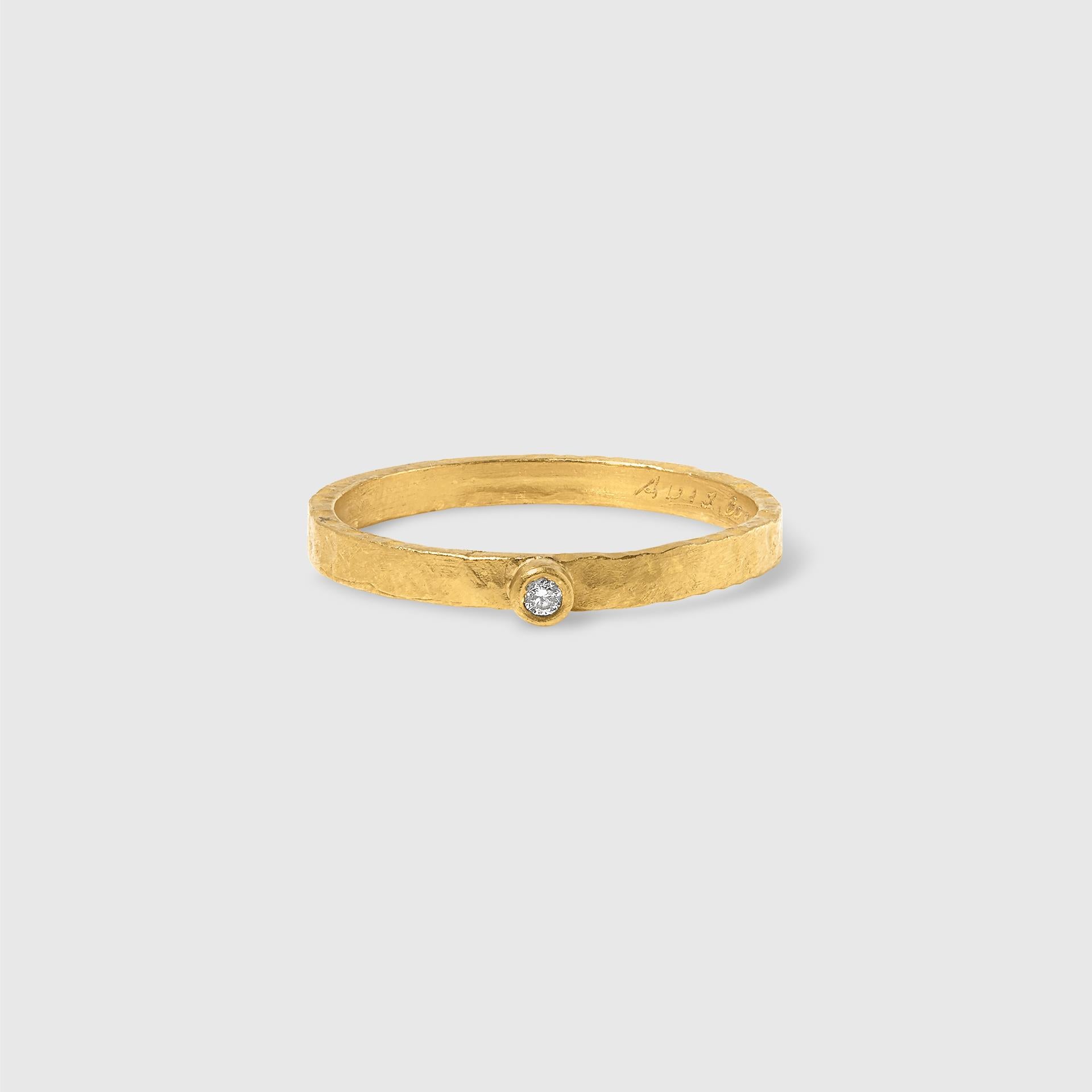 24kt yellow gold (solid) with Single Diamond, Stackable Ring, Handmade by Prehistoric Works of Istanbul, Turkey, Ring: 24K Gold G995 - 2.88 grams (each), 1 Diamond - 0.02 carats.  Listing is for one ring only.
(2 available in size 7.25). Perfect for
