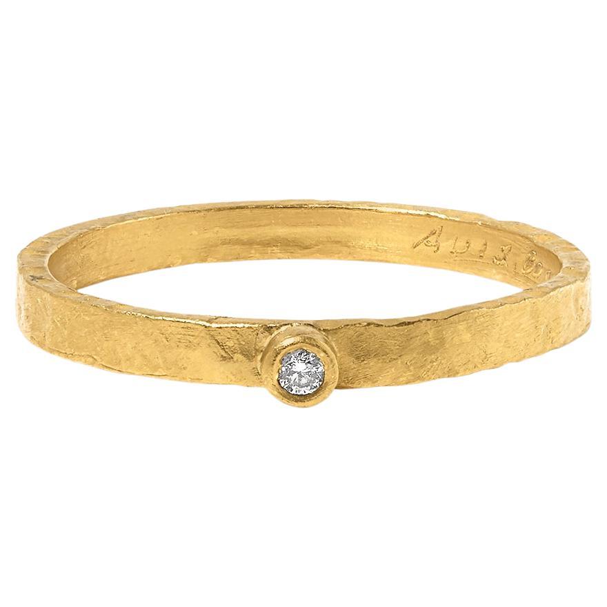 24K Solid Gold Hammered Textured Bridal Stacker Rings with Diamond For Sale