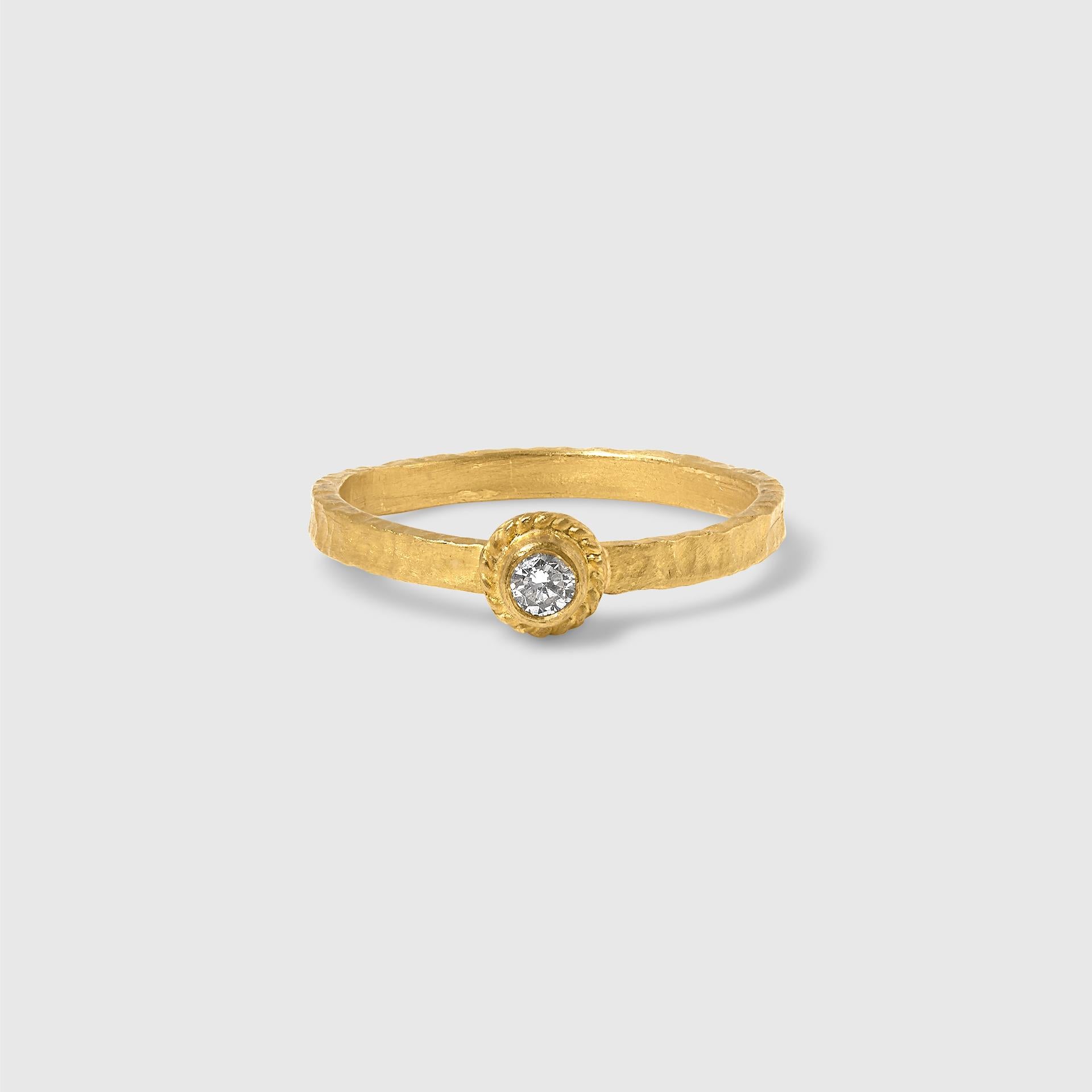 Little Flower Bezel Set Diamond Ring with 24K Hammered Textured Gold Shank, Size 7, Single Stacking Diamond Ring, Handmade by Prehistoric Works of Istanbul, Turkey
Ring: Solid 24K Gold G995 - 3.09 grams, 1 Diamond - 0.07 carats. Size 7 in stock