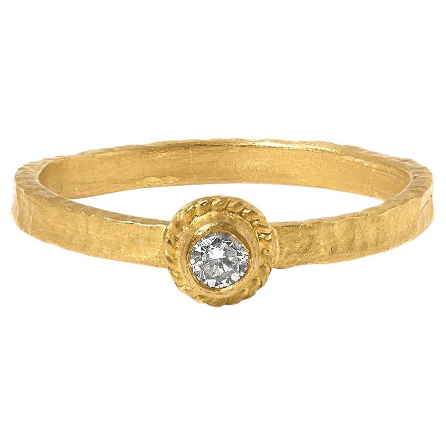 24K Solid Gold Hammered Textured Flower Stacker Rings with Diamond