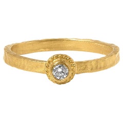 24K Solid Gold Hammered Textured Flower Stacker Rings with Diamond