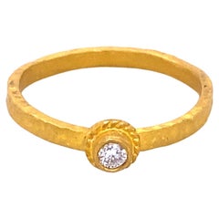 24K Solid Gold Hammered Textured Flower Stacker Rings with Diamond