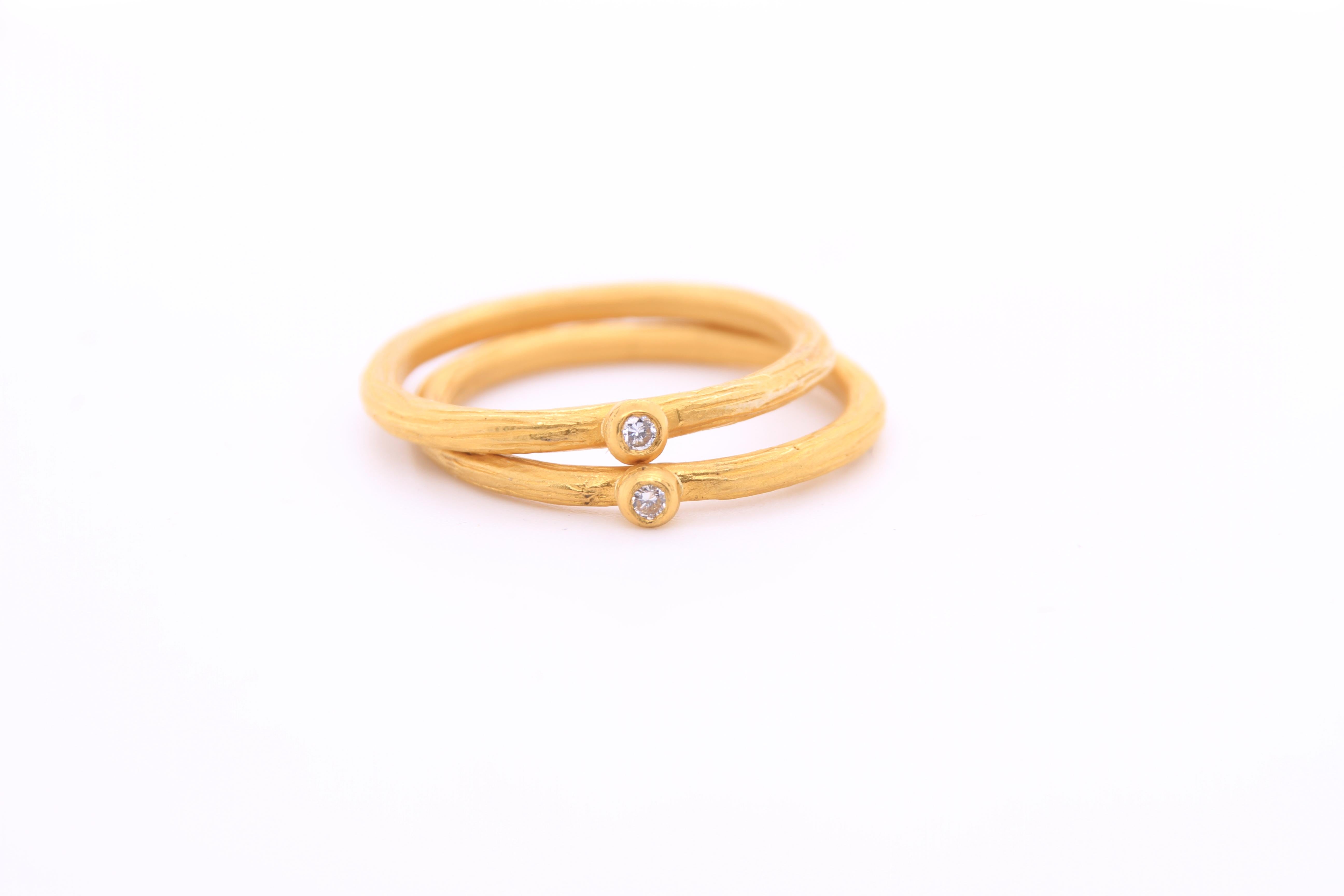 Artisan 24K Solid Yellow Gold Stacker Ring with Single Diamond, Handmade in Istanbul For Sale