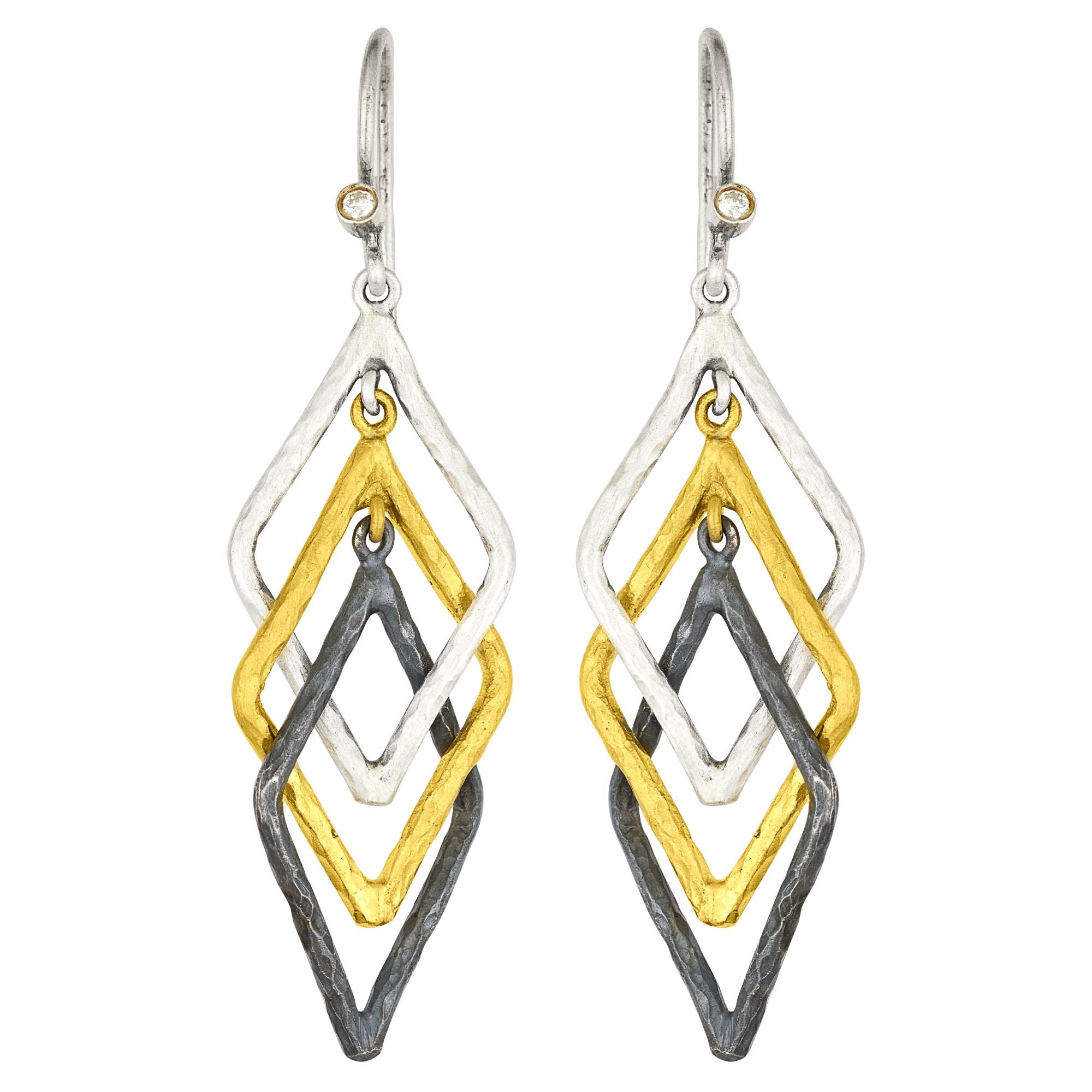 24K Sterling and Oxidized Silver Triple Kite Hoop Earring Drops with Diamonds For Sale