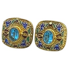 24K Vermeil Cloisonné Earrings with Oval Blue Topaz, Mongolia, 1990s
