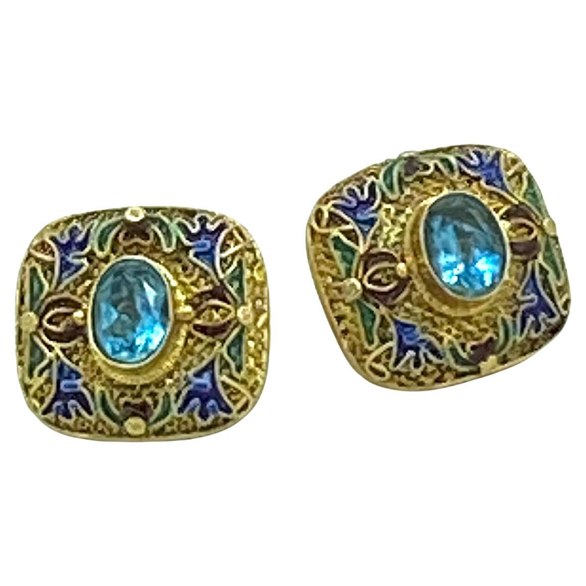 Neoclassical 24K Vermeil Cloisonne with Blue Topaz Earrings For Sale